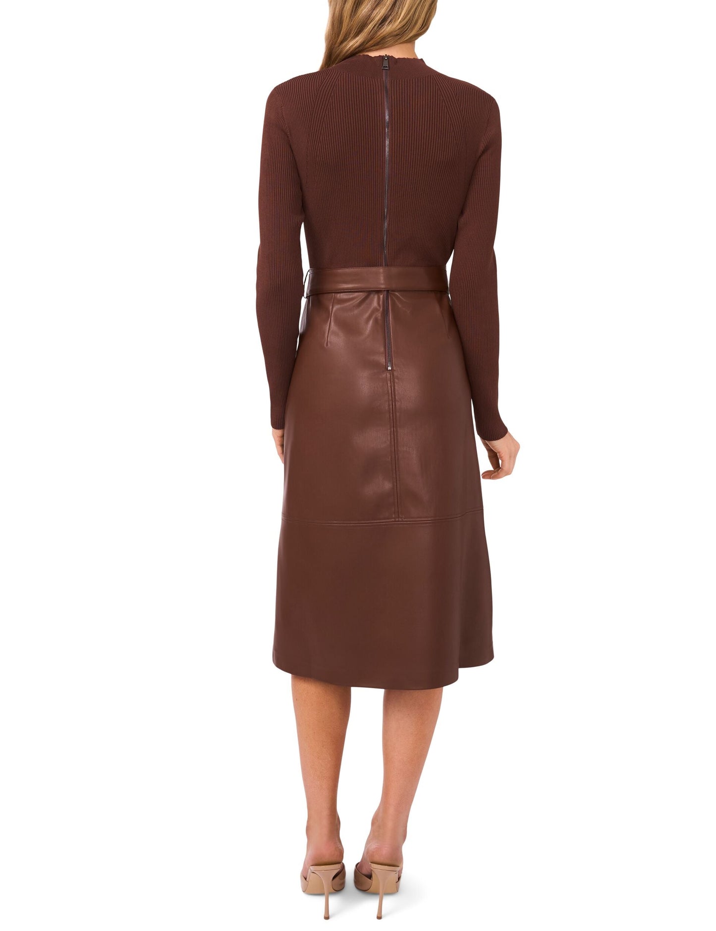Ted Baker ONEIDA – Mock Neck Midi Dress with Faux Leather Skirt CHOCOLATE
