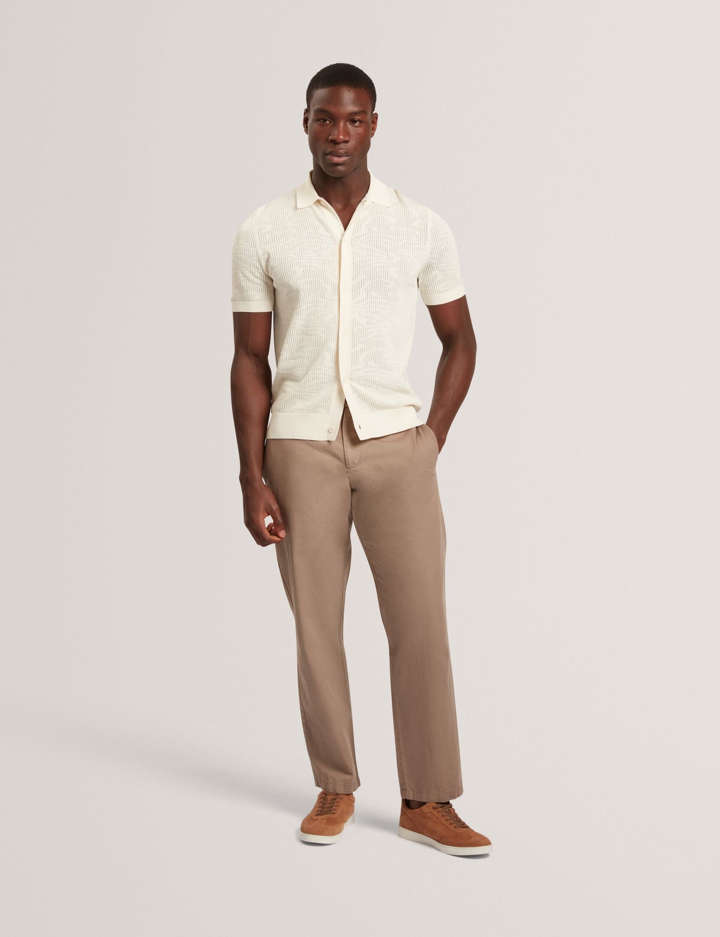 Ted Baker JORIEN Textured Crochet Knit Button-Through Polo ECRU