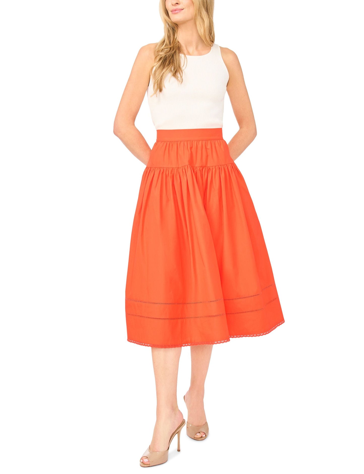Ted Baker ERIN Picot Trim Cotton Full Midi Skirt BRIGHT ORANGE