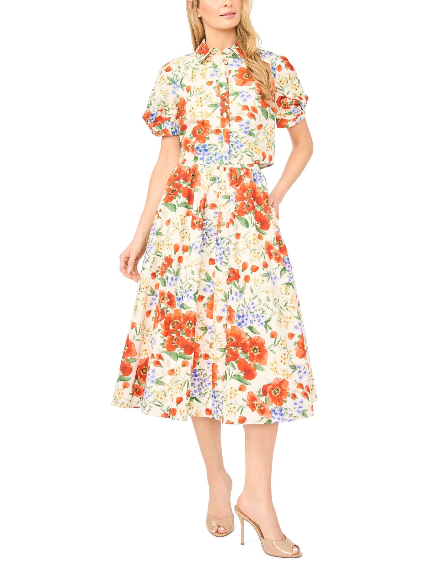 Ted Baker MARI Poppy Print Cotton A-Line Midi Skirt ECRU