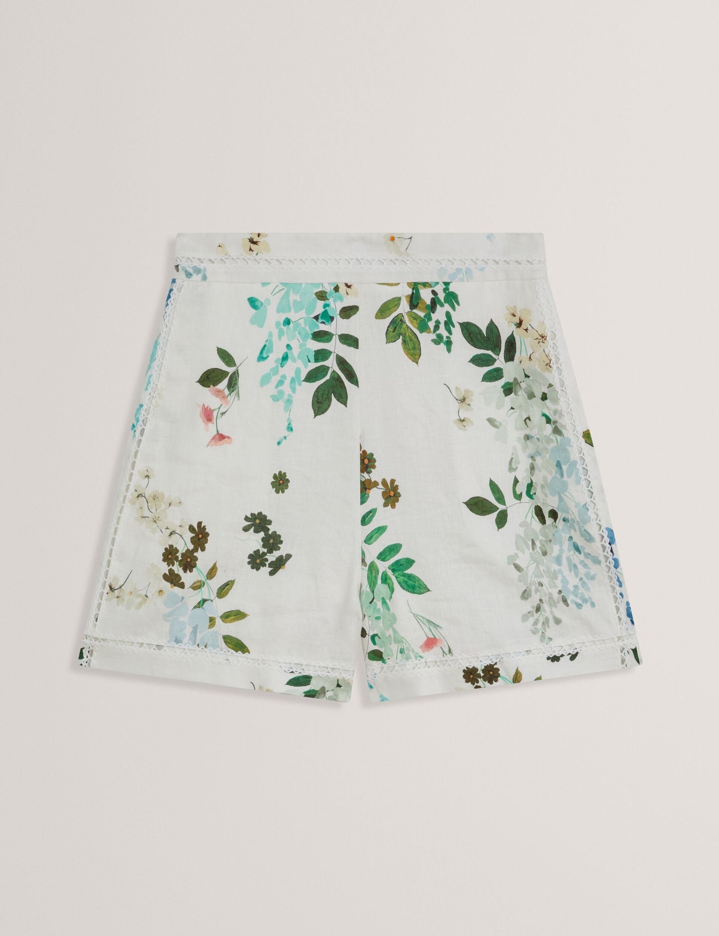 Ted Baker VYLLA - Floral High Waist Linen Shorts With Trim Detail WHITE