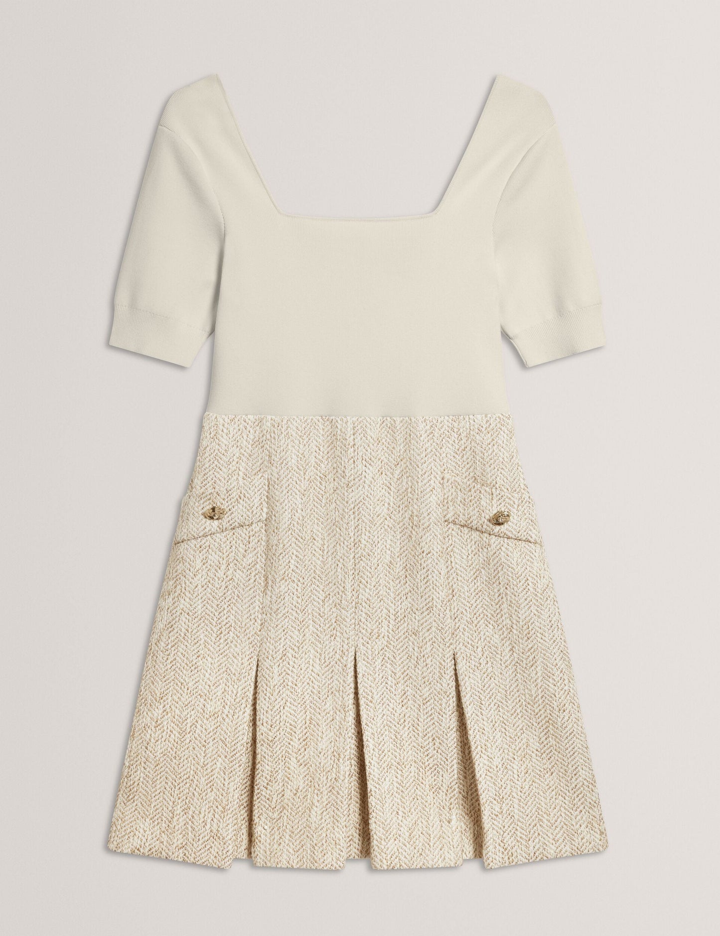 Ted Baker VULPAD - Pleated Boucle Mini Dress With Knit Bodice IVORY