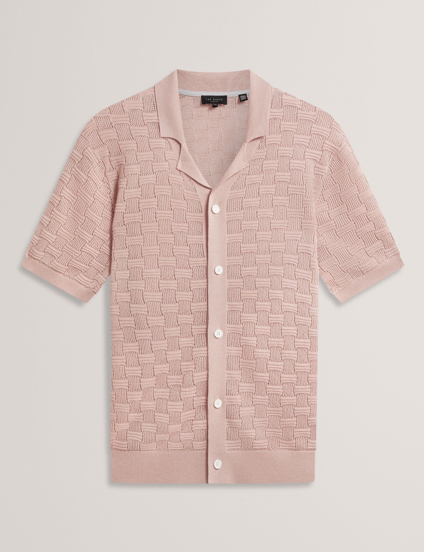 Ted Baker ROWWANN Basket Knit Silk Blend Short Sleeve Shirt DUSKY PINK