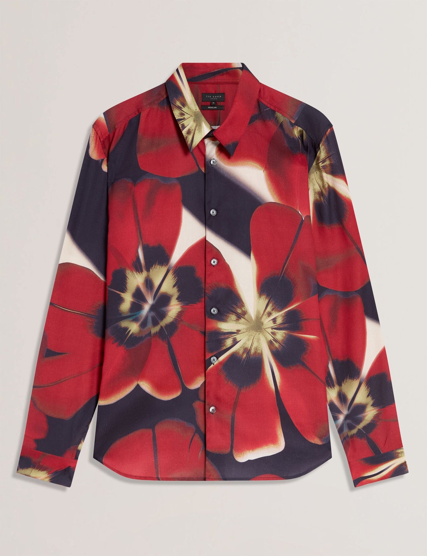 Ted Baker PHELIN Red Blooms Print Cotton Stretch Shirt NAVY
