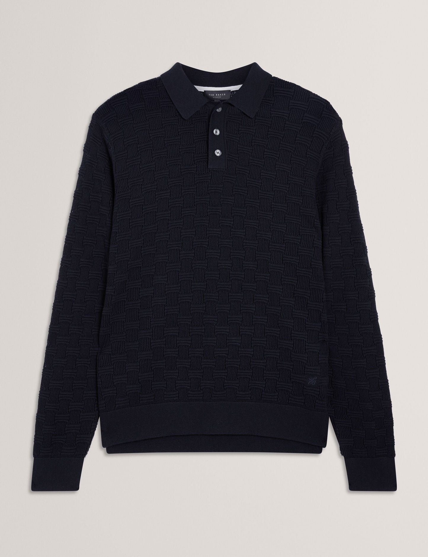 Ted Baker OSAKA Basket Texture Silk Blend Long Sleeve Polo NAVY