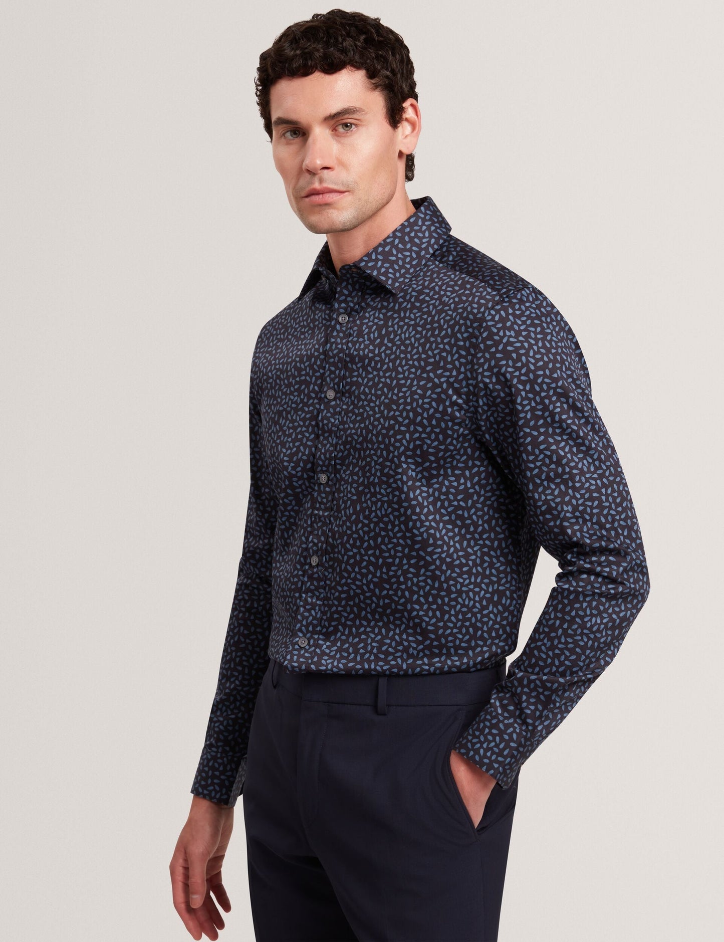 Ted Baker BLOCKLY - Mini Leaf Print Long Sleeve Cotton Shirt NAVY