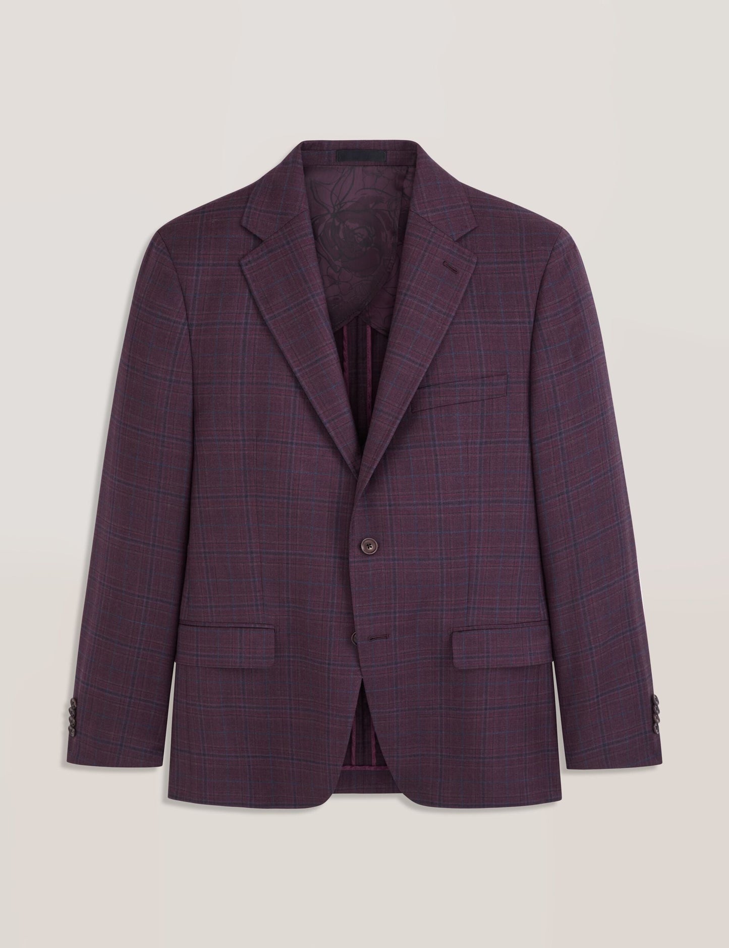 Ted Baker WINFRED – Single Breasted Two Button Notch Fully Fashioned Plaid Jacket BURGUNDY