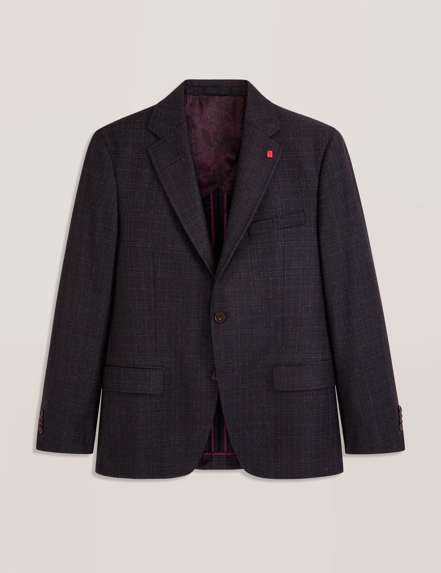 Ted Baker WINFRED – Single Breasted Two Button Notch Fully Fashioned Plaid Jacket BURGUNDY