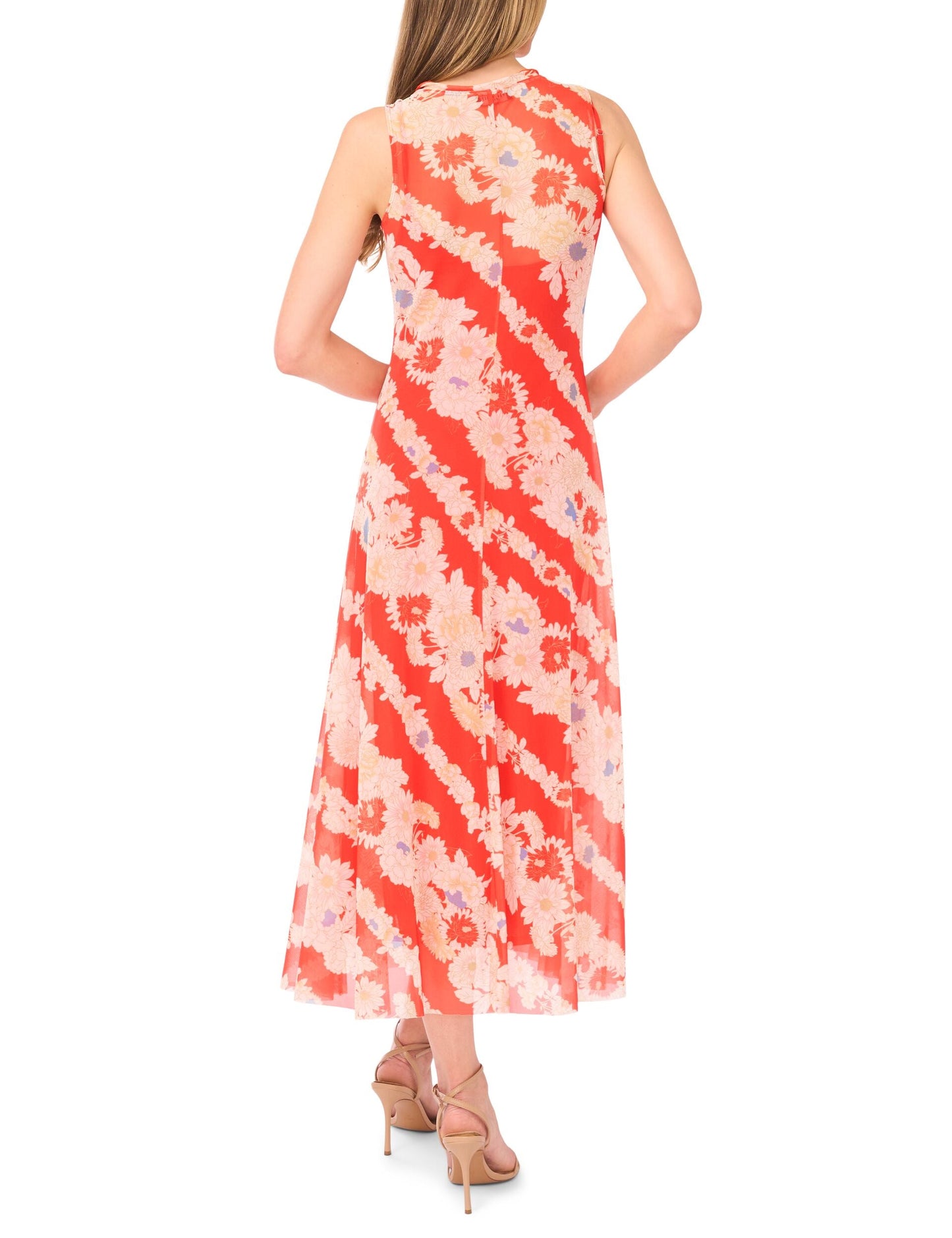 Ted Baker MARIELLA Floral Stripe Sleeveless Mesh Midi Dress BRIGHT ORANGE