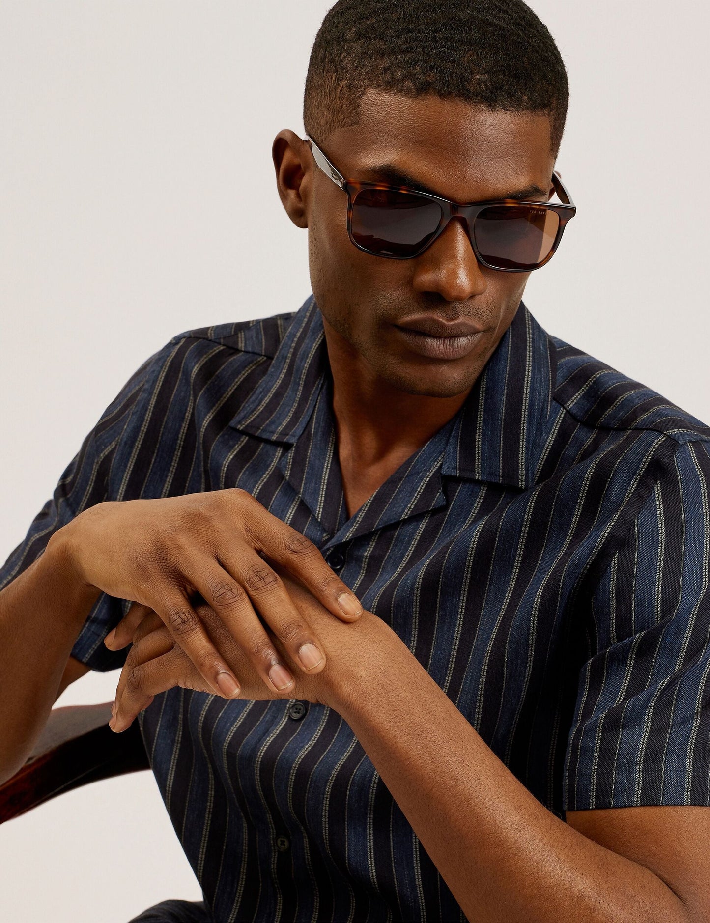Ted Baker FRANCOI - Striped Cotton Linen Short Sleeve Shirt NAVY