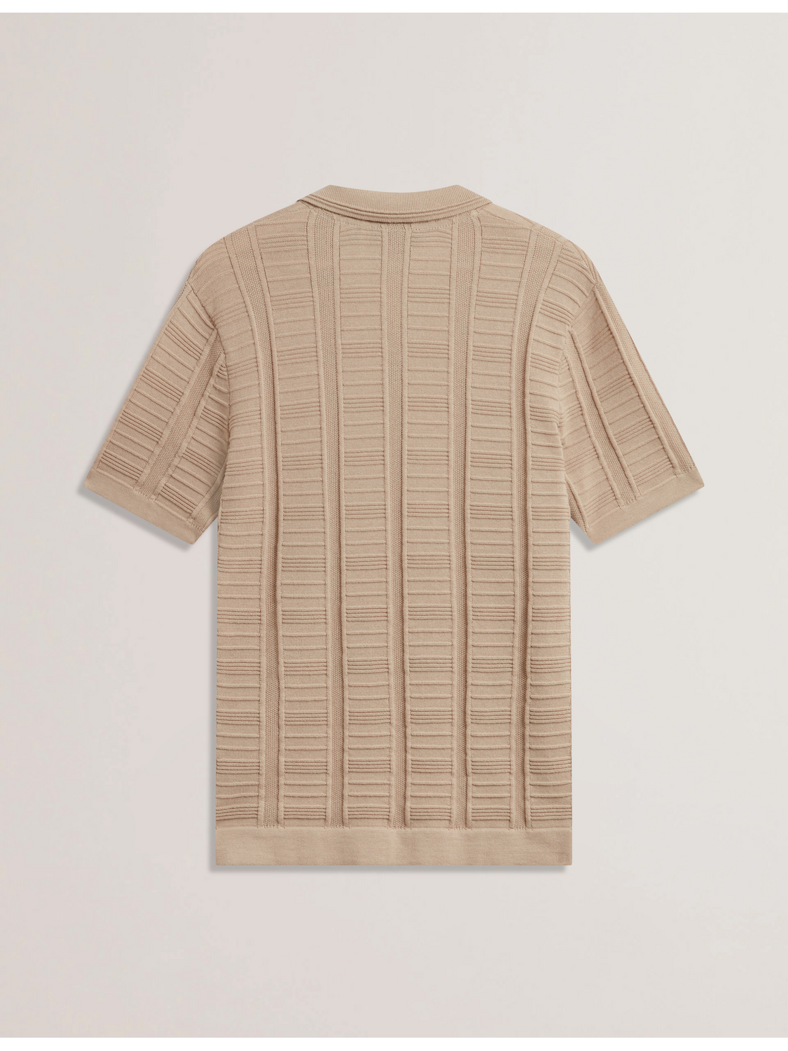 Ted Baker RUZZA - Textured Stripe Open Neck Knitted Polo Shirt TAUPE