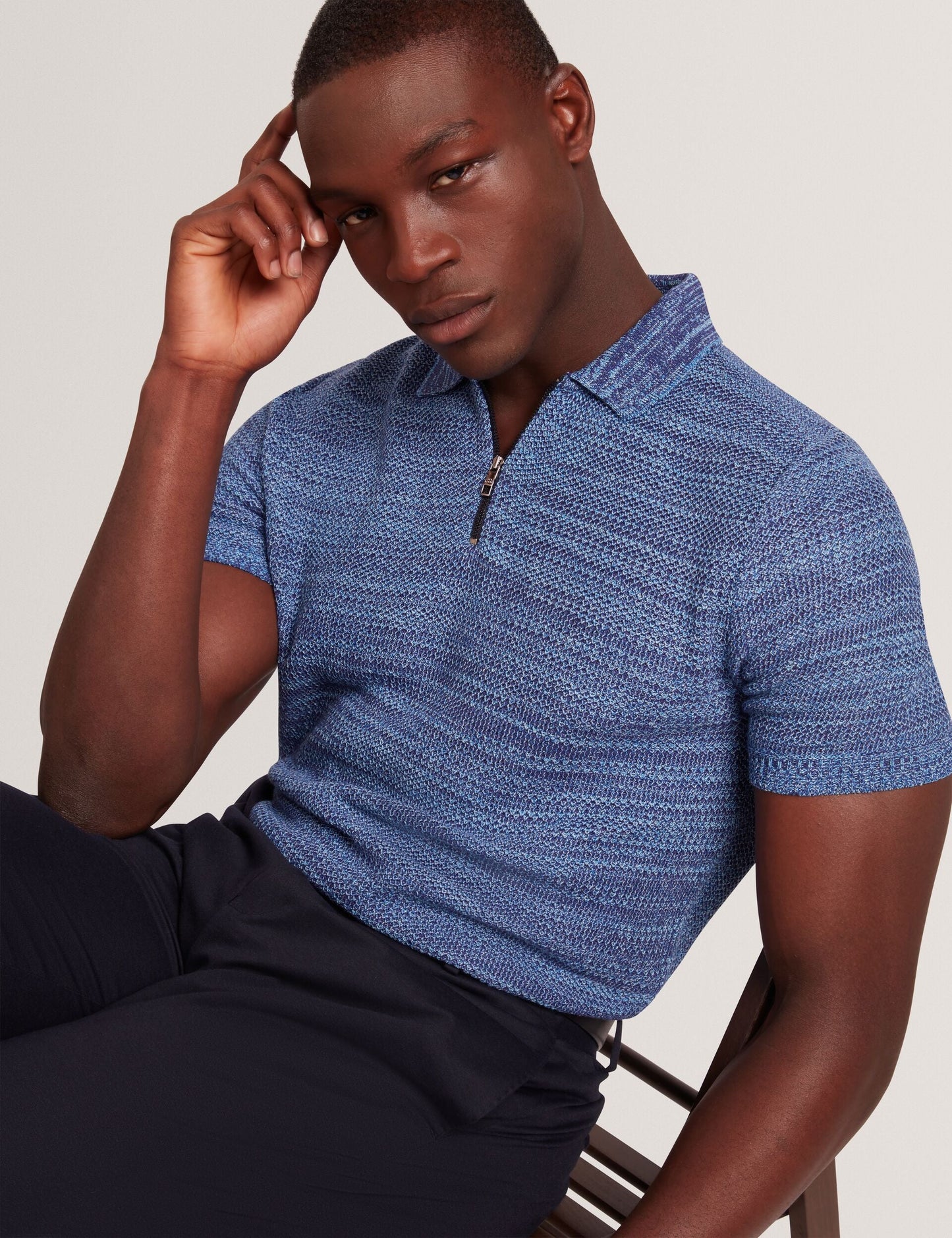 Ted Baker BLOSSAM - Space Dye Zip Neck Polo Shirt BLUE