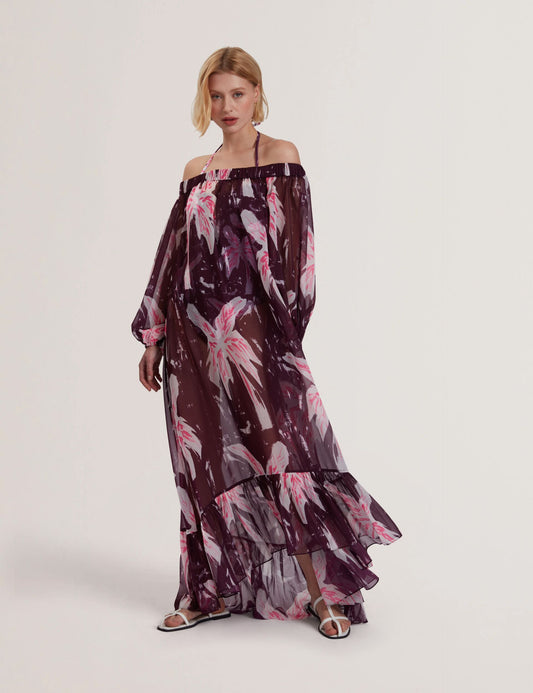 Ted Baker MONTAYA - Floral Bardot Maxi Dress Beach Cover-Up MAROON