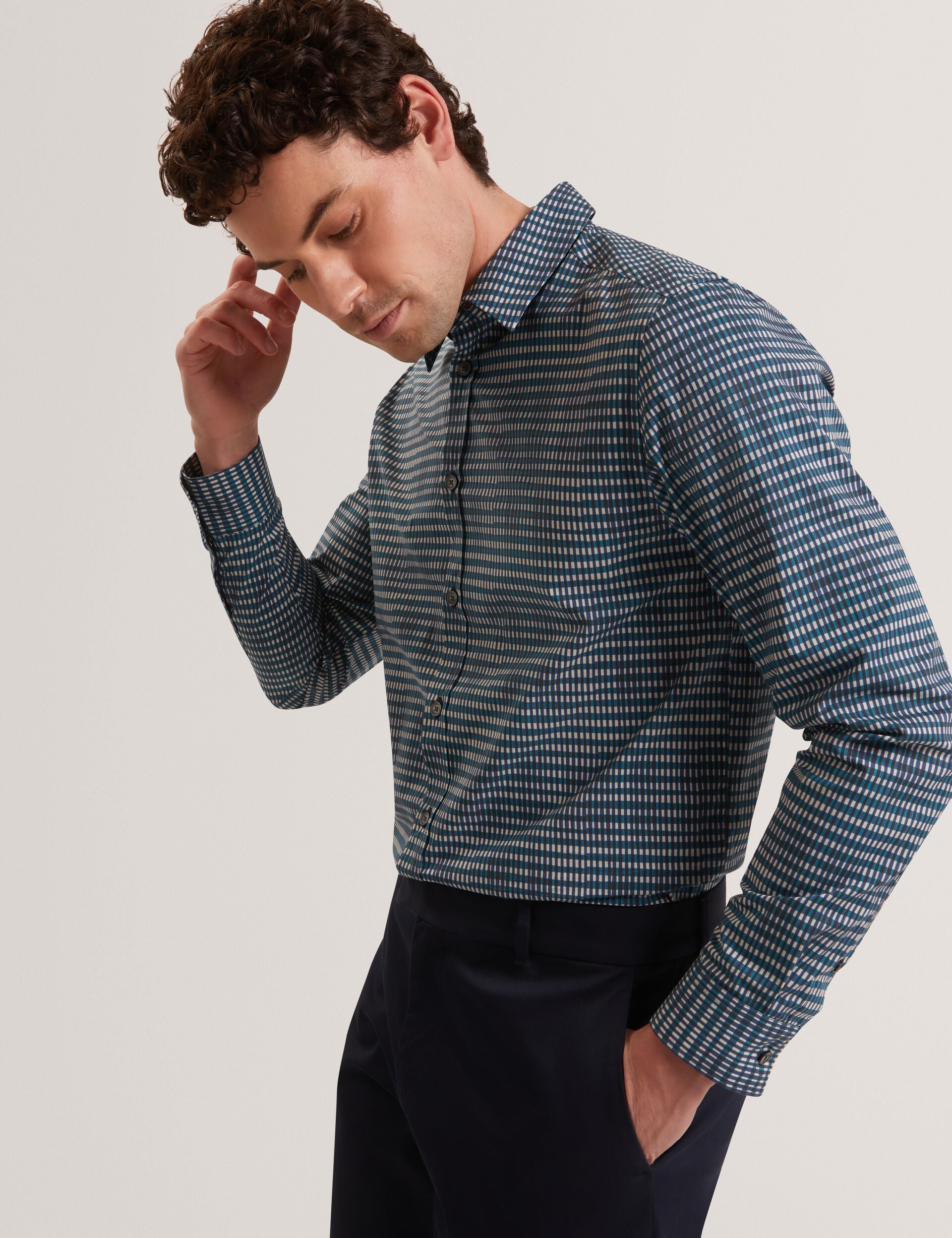 Ted Baker HUAYNA Blurred Check Cotton Long Sleeve Shirt TEAL BLUE