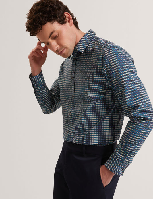 Ted Baker HUAYNA Blurred Check Cotton Long Sleeve Shirt TEAL BLUE