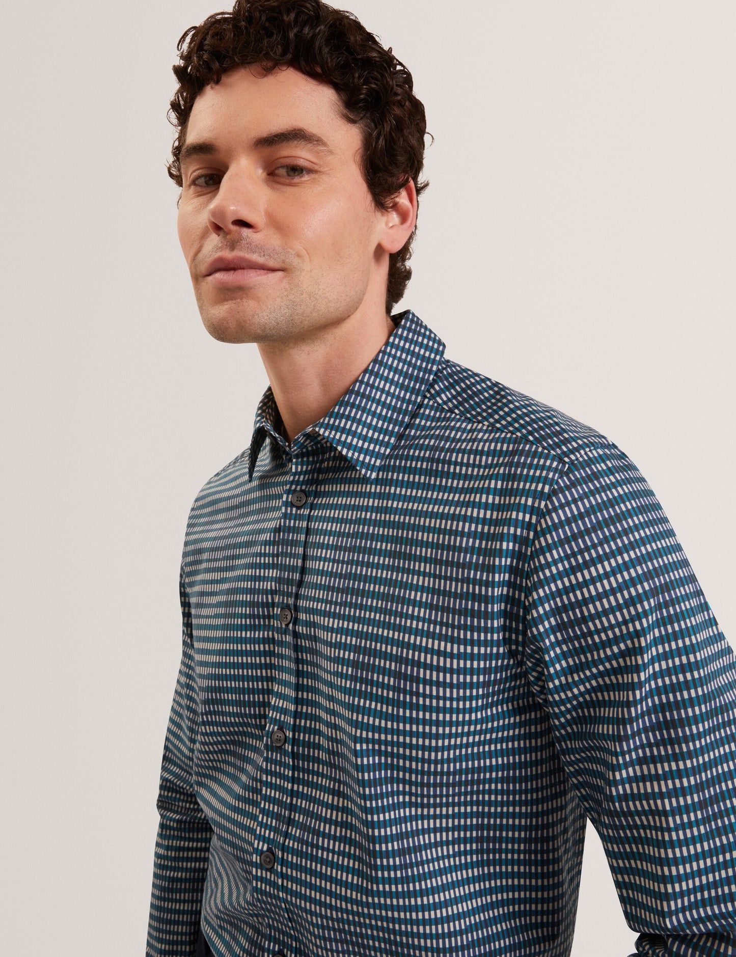 Ted Baker HUAYNA Blurred Check Cotton Long Sleeve Shirt TEAL BLUE