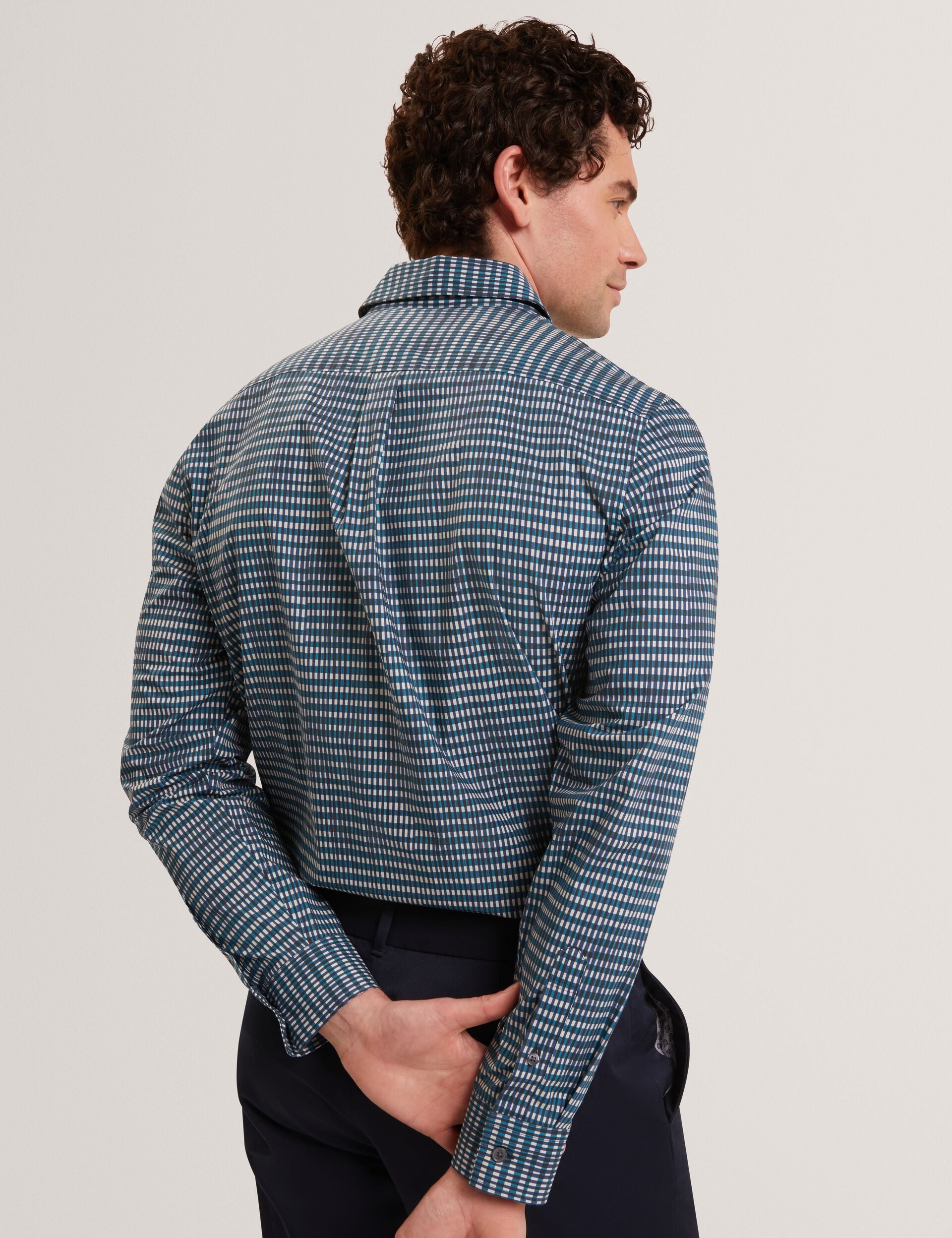 Ted Baker HUAYNA Blurred Check Cotton Long Sleeve Shirt TEAL BLUE