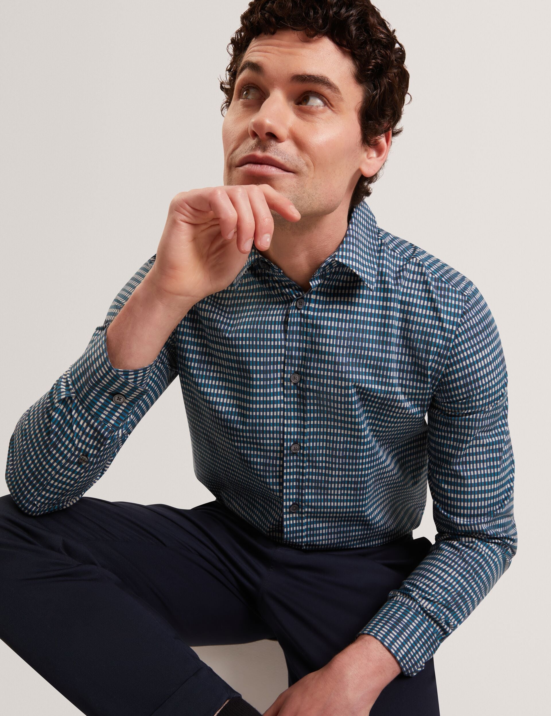 Ted Baker HUAYNA Blurred Check Cotton Long Sleeve Shirt TEAL BLUE