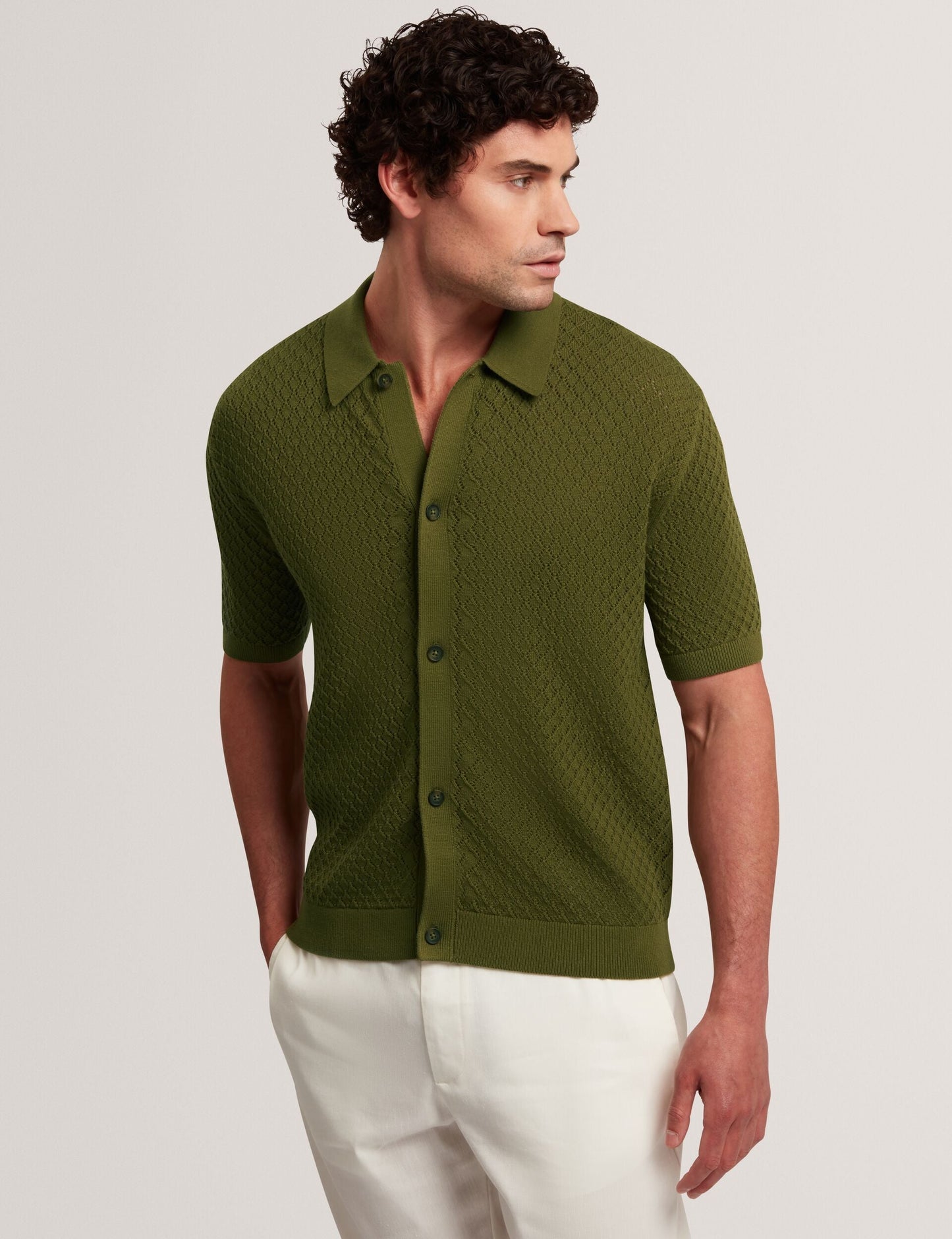 Ted Baker DOMATI Diamond Crochet Knit Short Sleeve Shirt GREEN