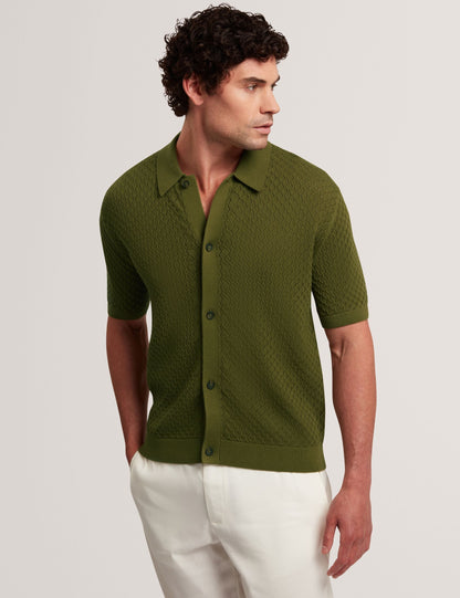 Ted Baker DOMATI Diamond Crochet Knit Short Sleeve Shirt GREEN