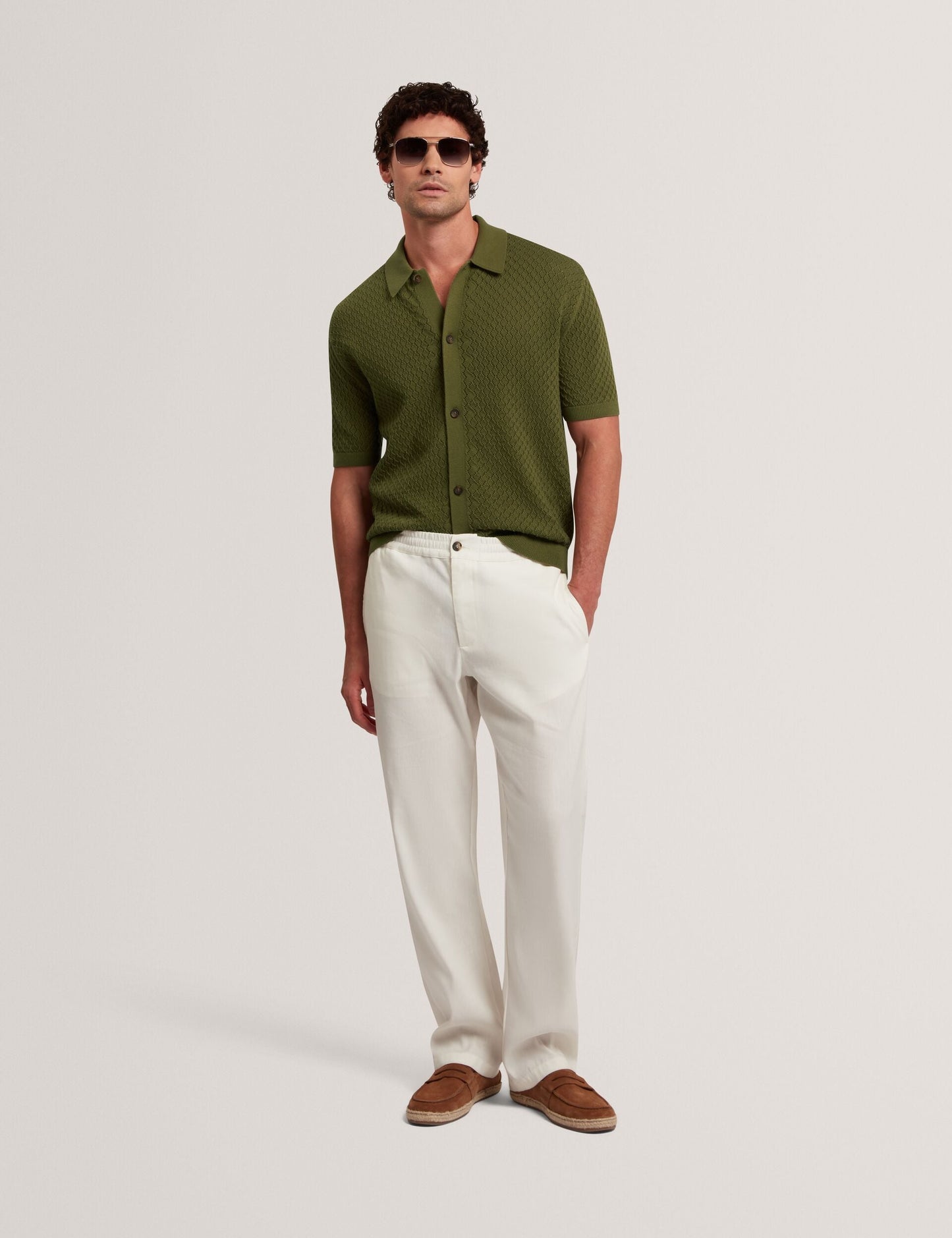 Ted Baker DOMATI Diamond Crochet Knit Short Sleeve Shirt GREEN