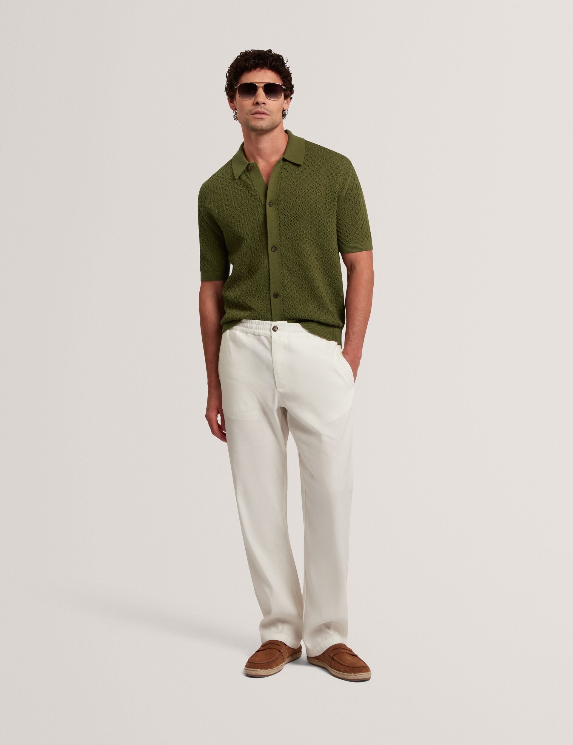 Ted Baker DOMATI Diamond Crochet Knit Short Sleeve Shirt GREEN
