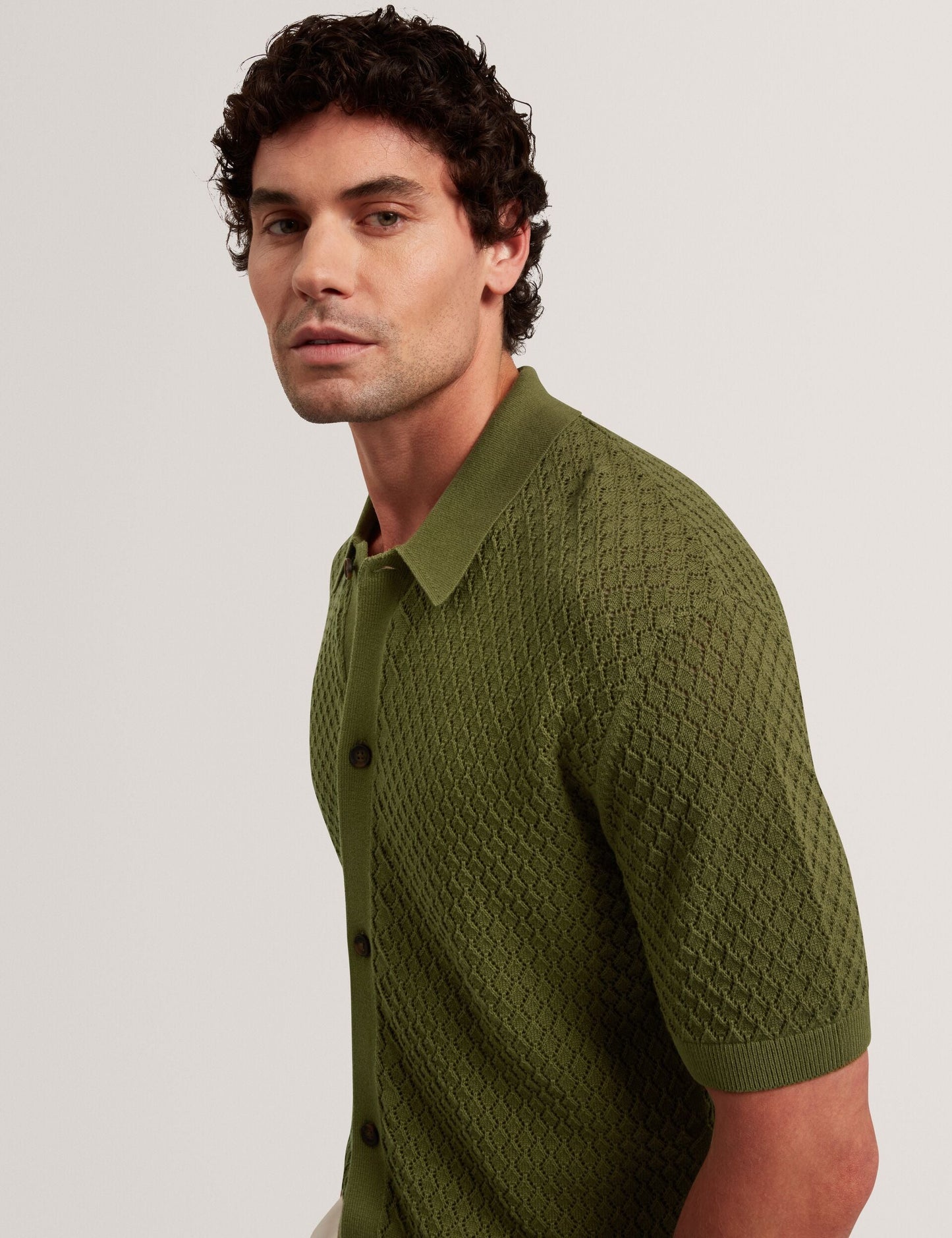 Ted Baker DOMATI Diamond Crochet Knit Short Sleeve Shirt GREEN