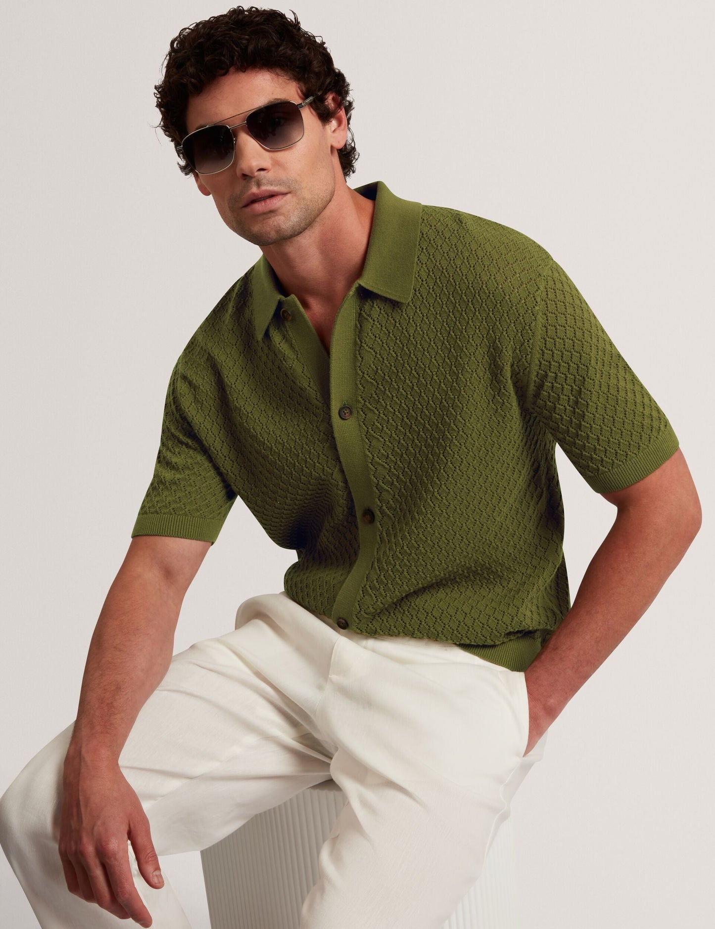 Ted Baker DOMATI Diamond Crochet Knit Short Sleeve Shirt GREEN
