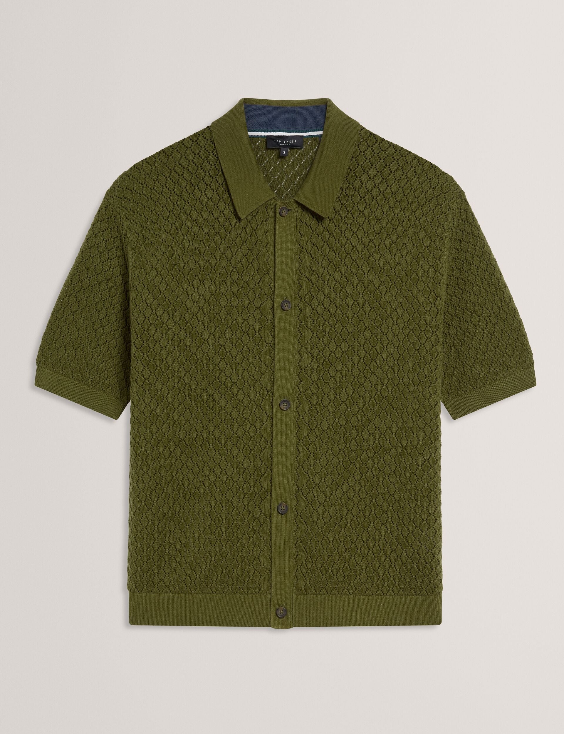 Ted Baker DOMATI Diamond Crochet Knit Short Sleeve Shirt GREEN