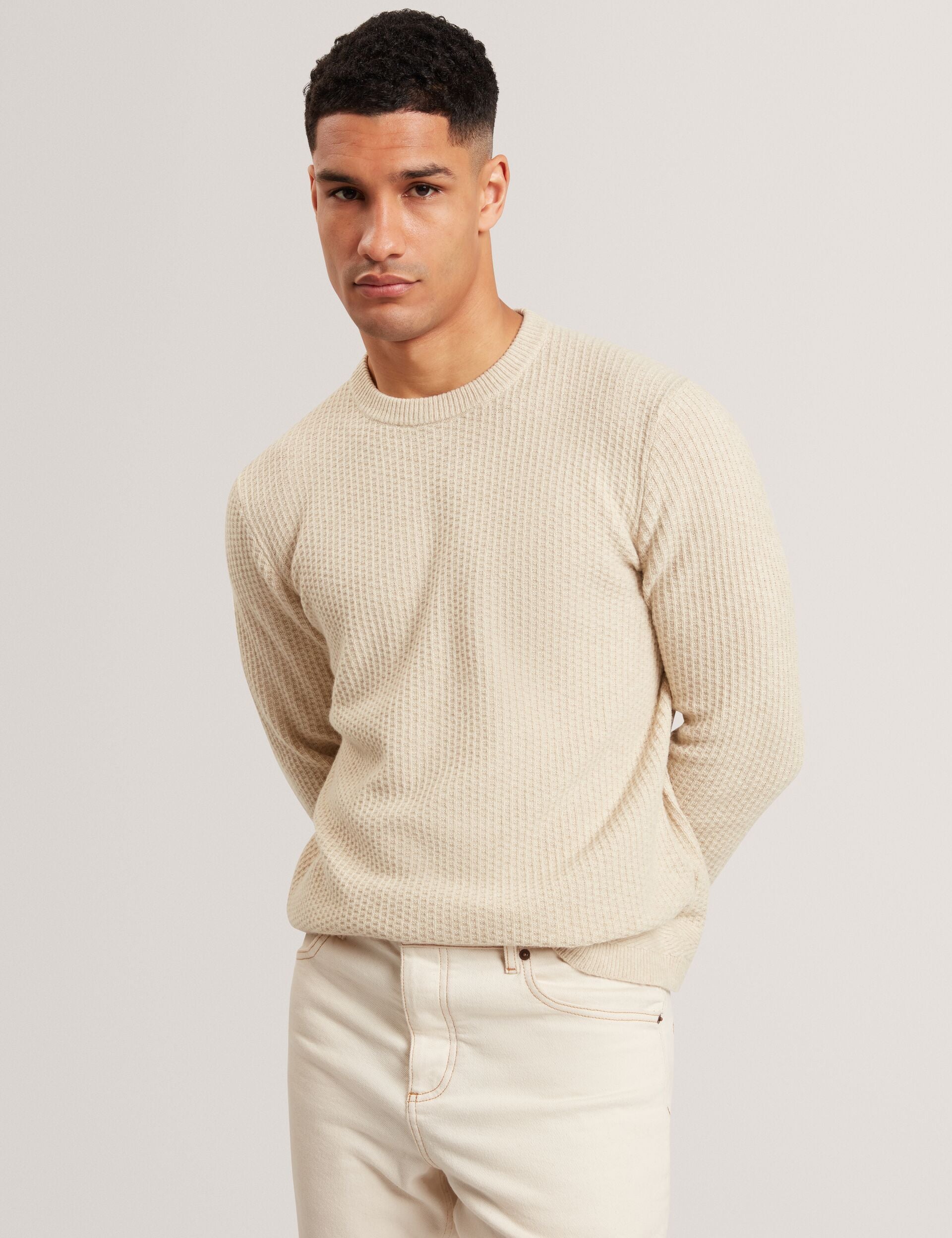 Ted Baker LEOCADI Herringbone Trim Textured Knit Sweater NATURAL