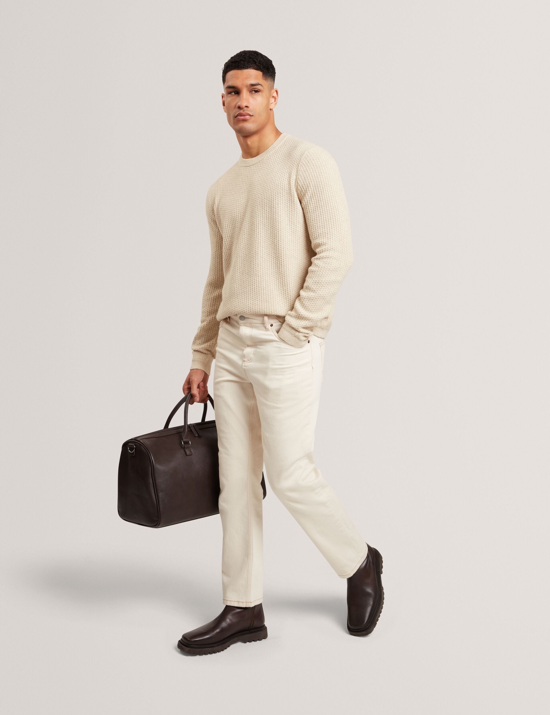 Ted Baker LEOCADI Herringbone Trim Textured Knit Sweater NATURAL