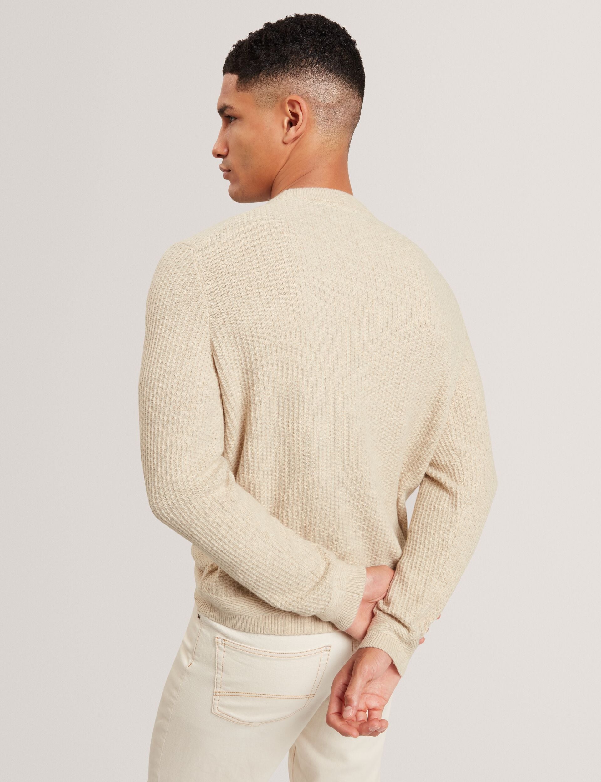 Ted Baker LEOCADI Herringbone Trim Textured Knit Sweater NATURAL
