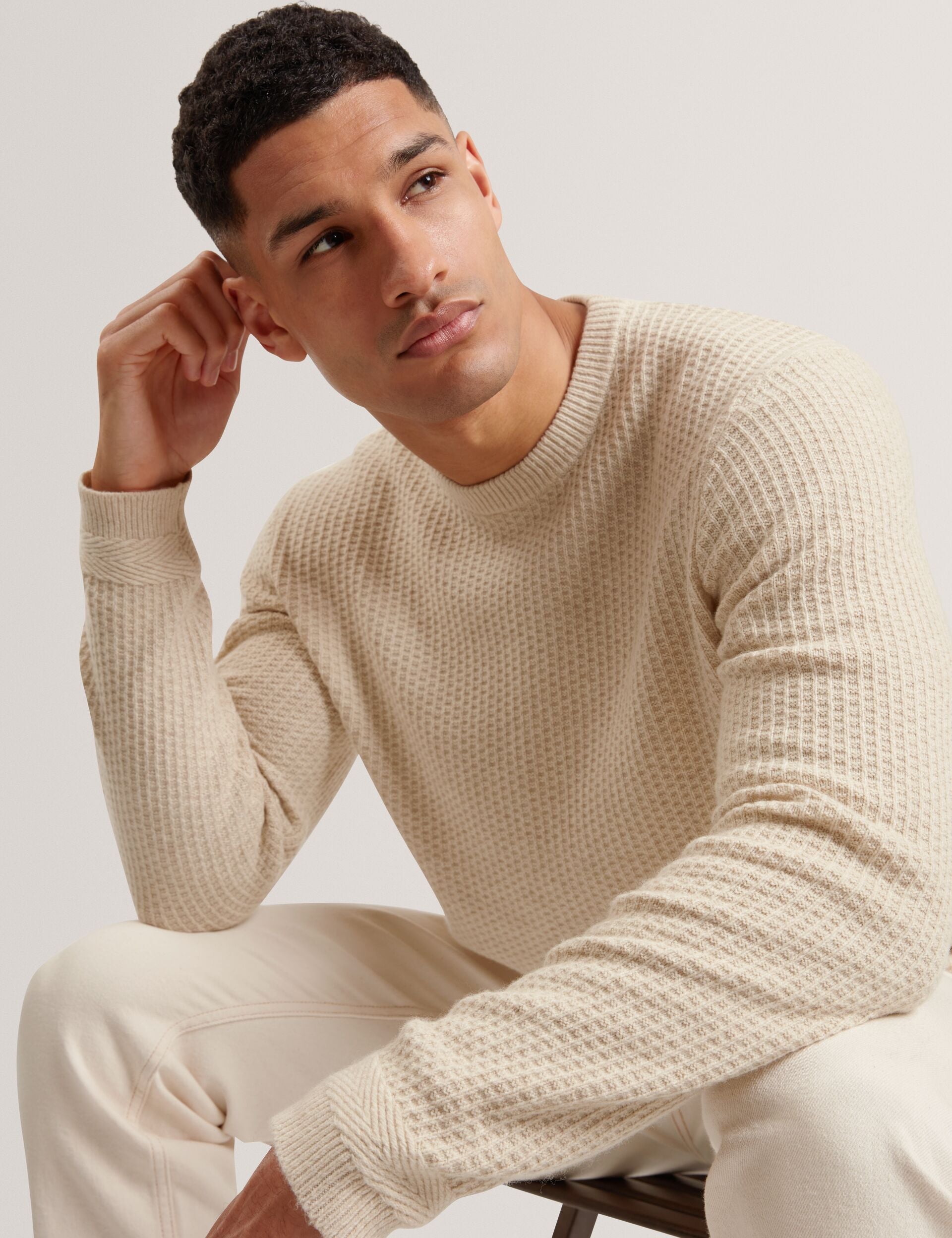 Ted Baker LEOCADI Herringbone Trim Textured Knit Sweater NATURAL