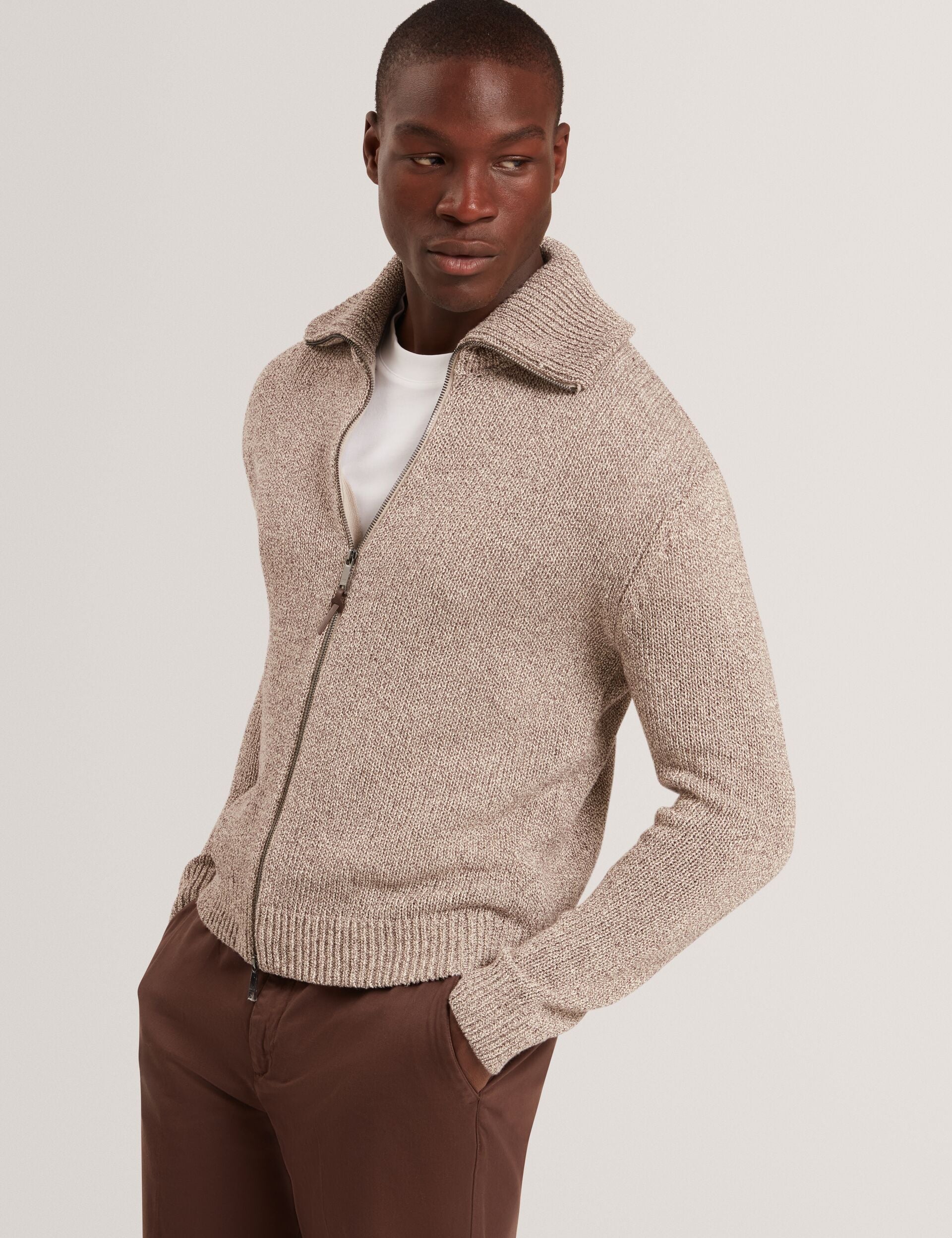Ted Baker VARINK Twisted Yarn Knit Zip-Through Jumper TAUPE