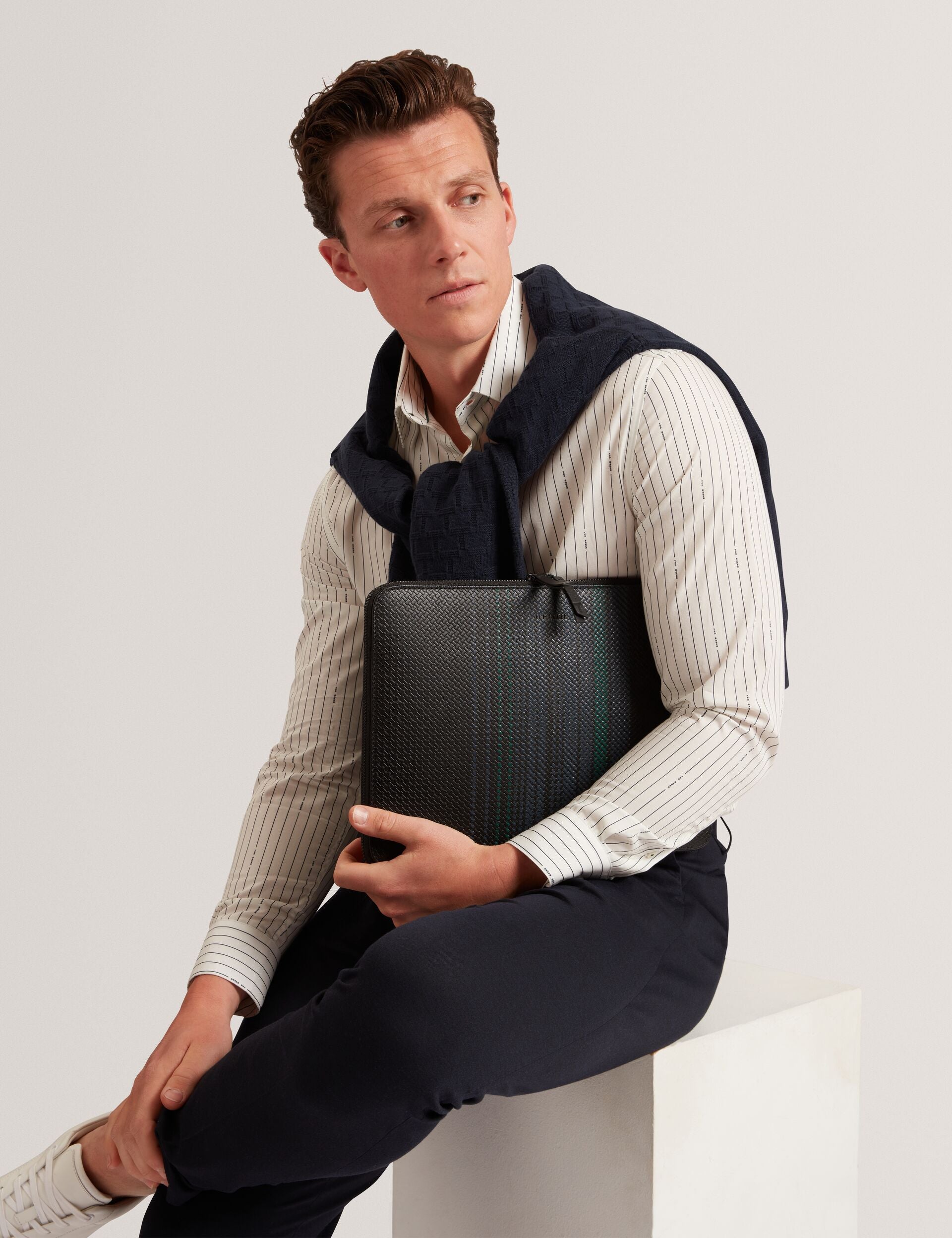 Ted Baker WILTONS Striped Woven Leather 13-Inch Laptop Sleeve BLACK