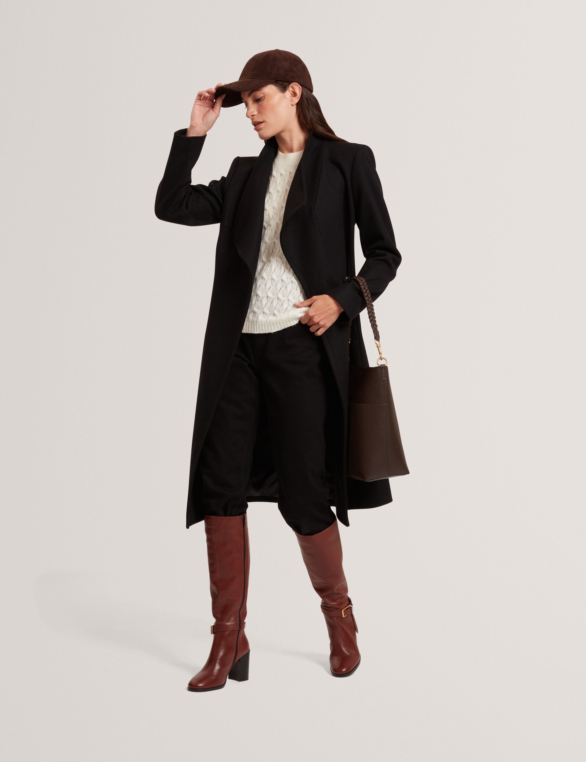 Ted Baker ROSE Mid Length Belted Wool Wrap Coat BLACK