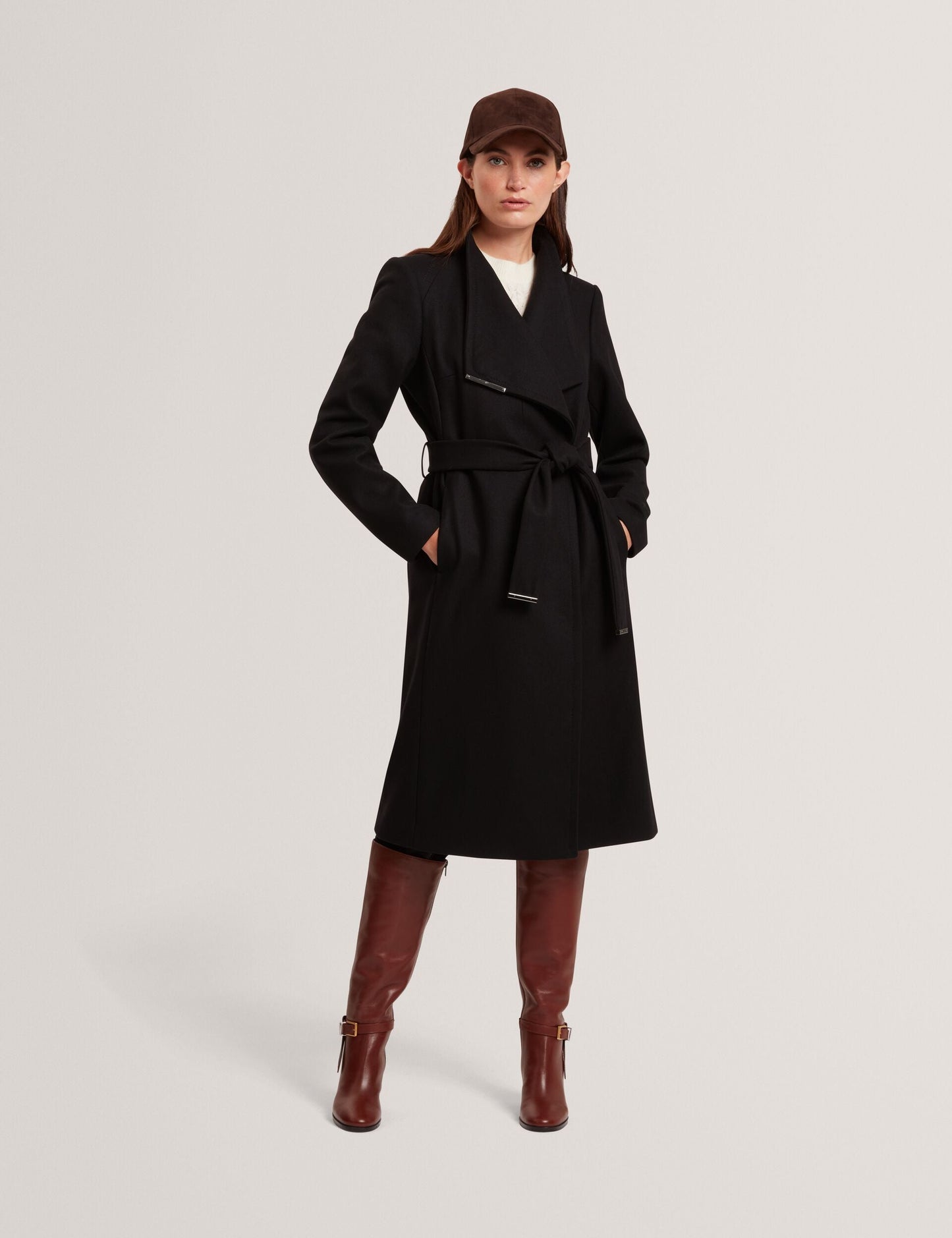 Ted Baker ROSE Mid Length Belted Wool Wrap Coat BLACK