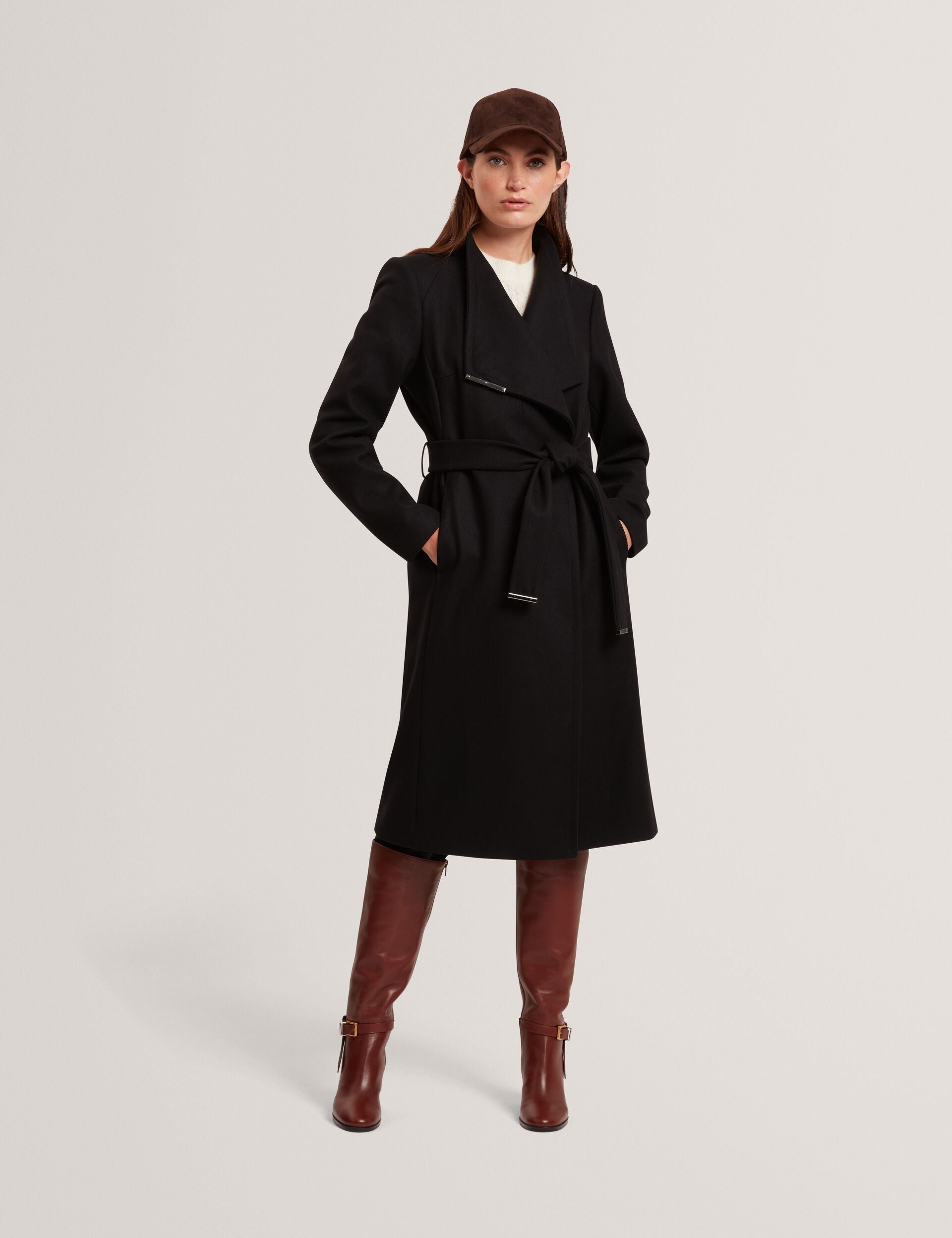 Ted Baker ROSE Mid Length Belted Wool Wrap Coat BLACK