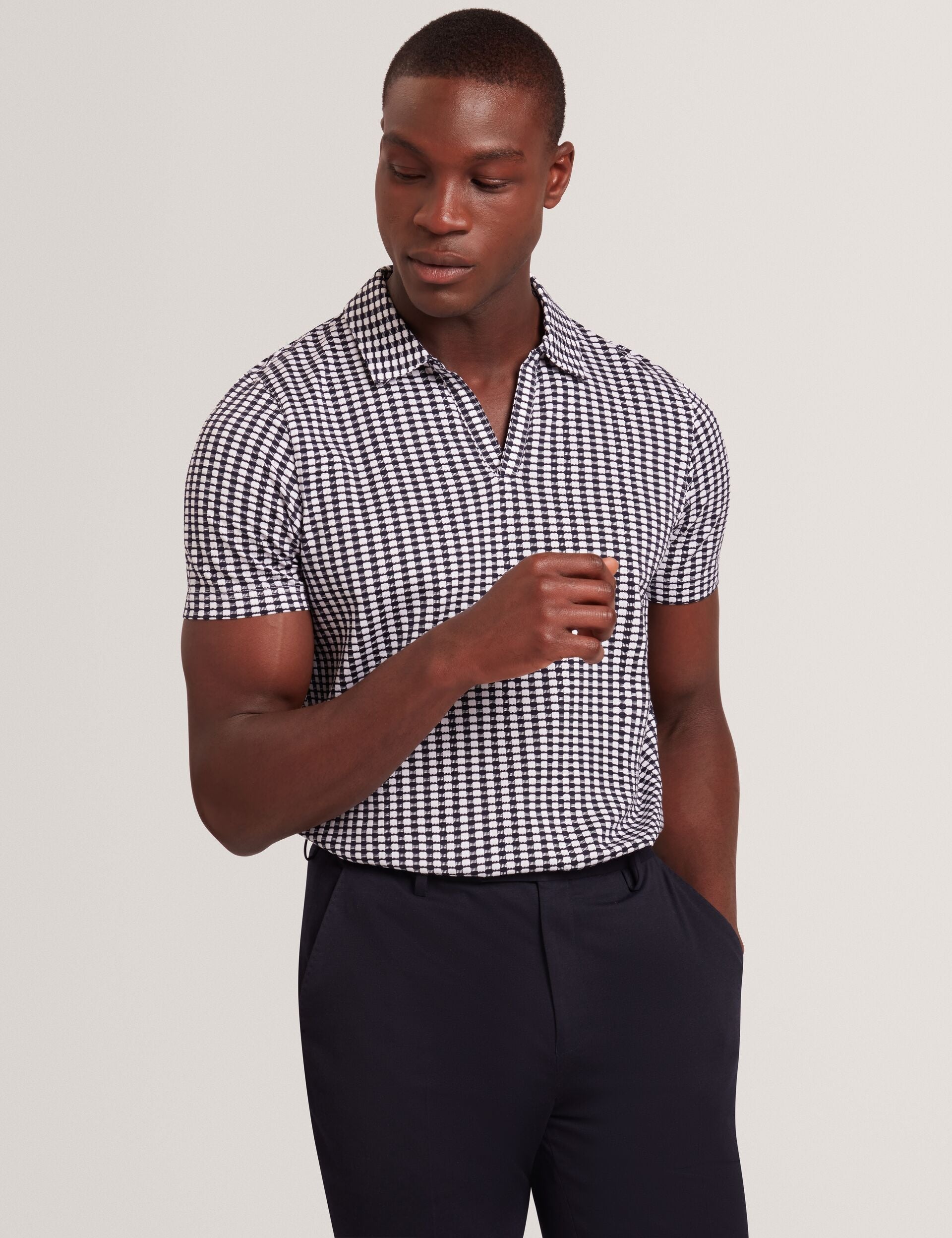 Ted Baker MATEJOO - Navy Mini Check Open Neck Cotton Polo Shirt NAVY