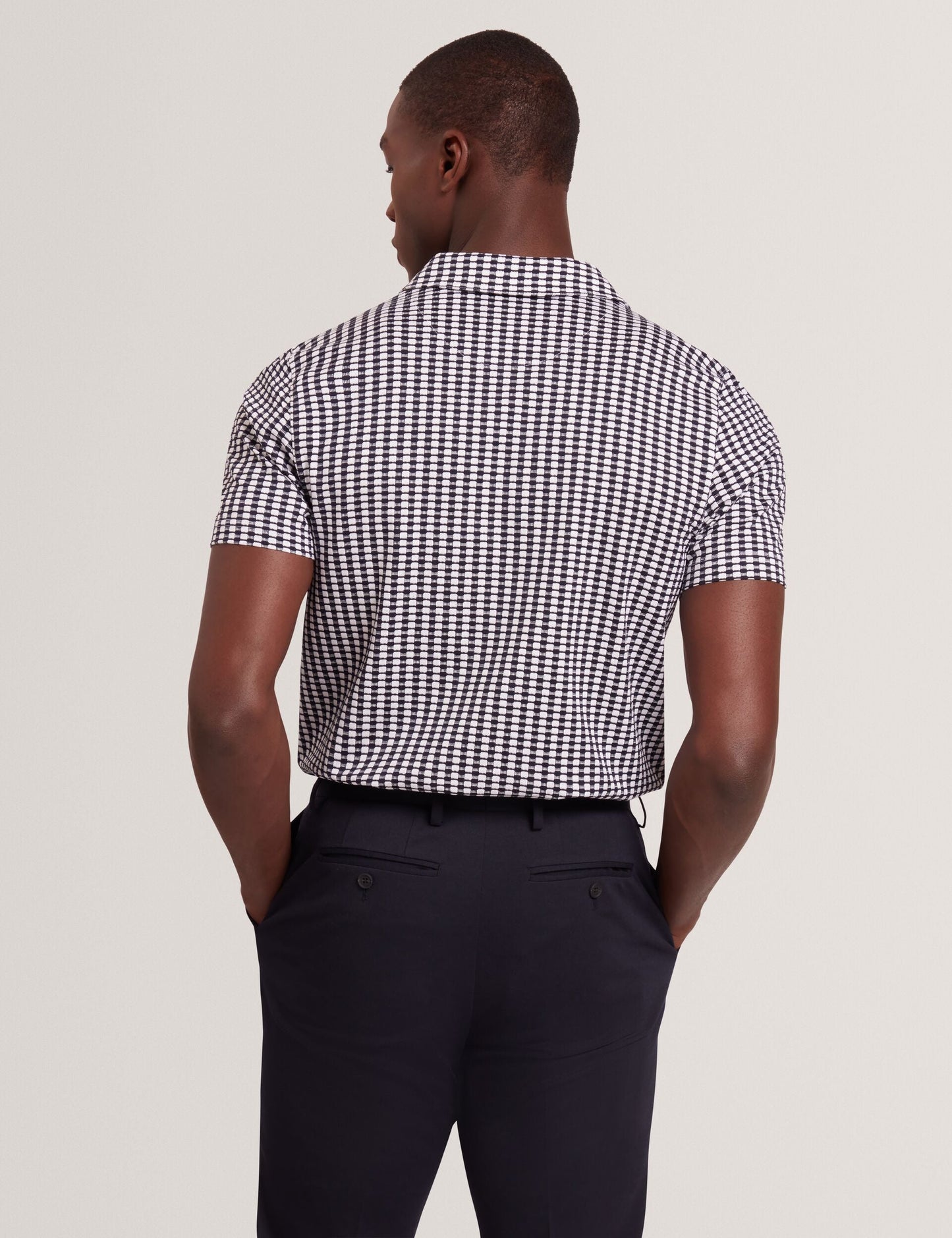 Ted Baker MATEJOO - Navy Mini Check Open Neck Cotton Polo Shirt NAVY