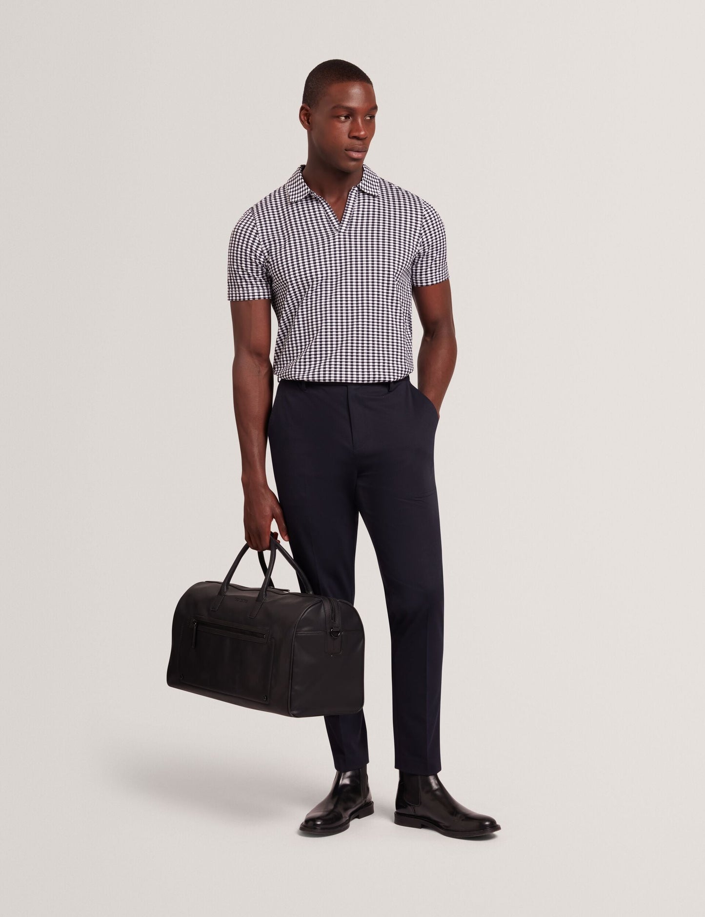 Ted Baker MATEJOO - Navy Mini Check Open Neck Cotton Polo Shirt NAVY