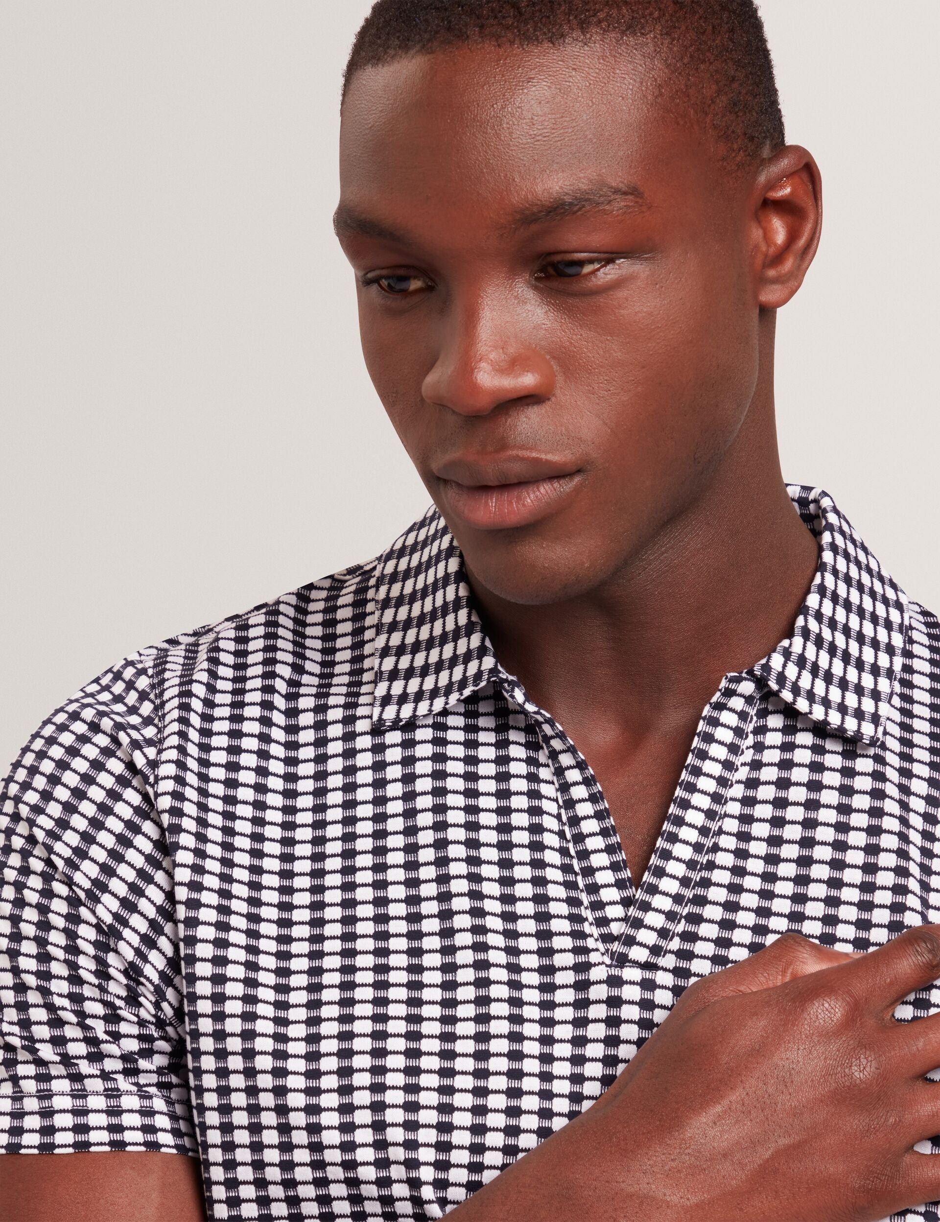 Ted Baker MATEJOO - Navy Mini Check Open Neck Cotton Polo Shirt NAVY