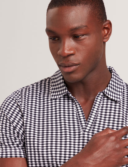 Ted Baker MATEJOO - Navy Mini Check Open Neck Cotton Polo Shirt NAVY