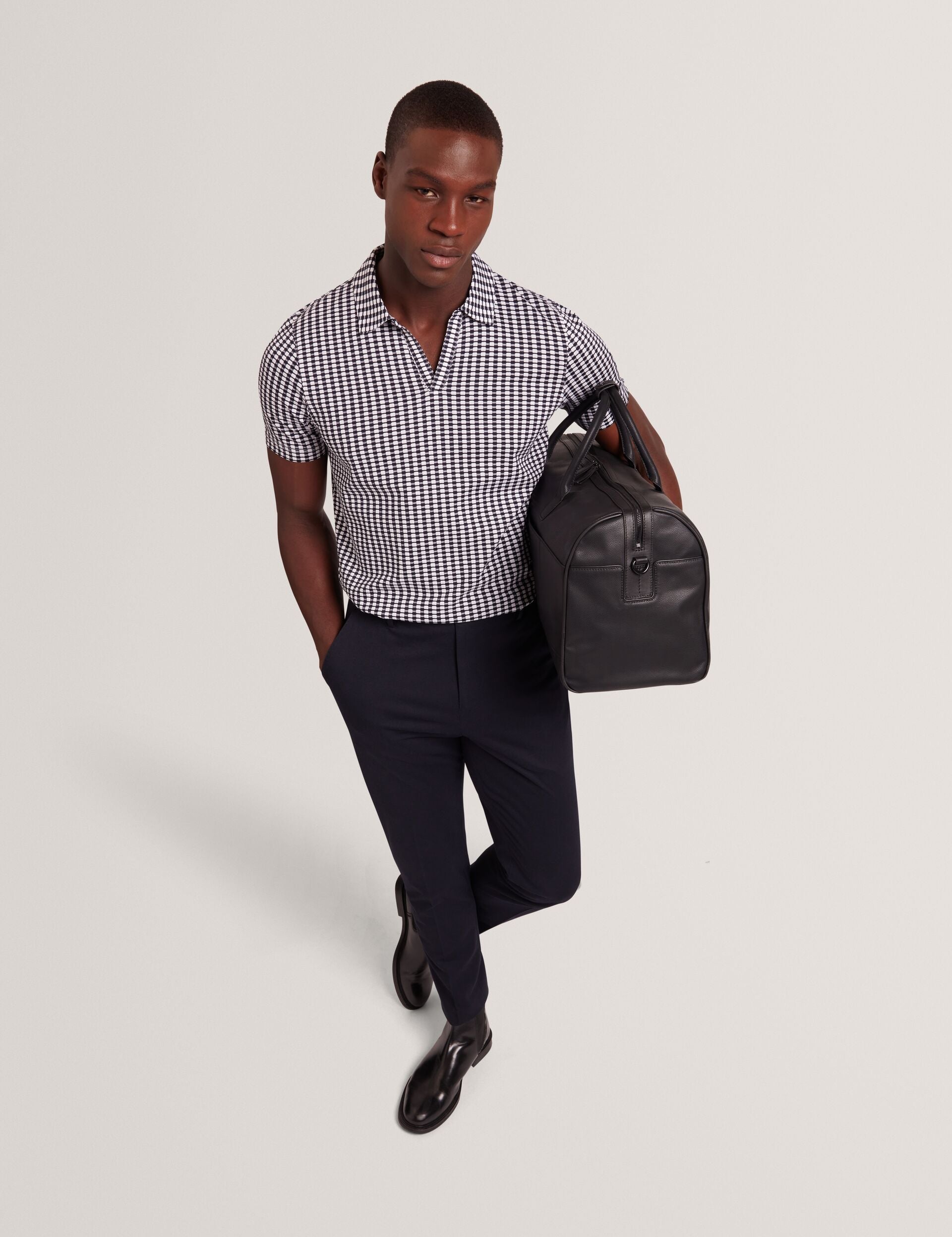 Ted Baker MATEJOO - Navy Mini Check Open Neck Cotton Polo Shirt NAVY