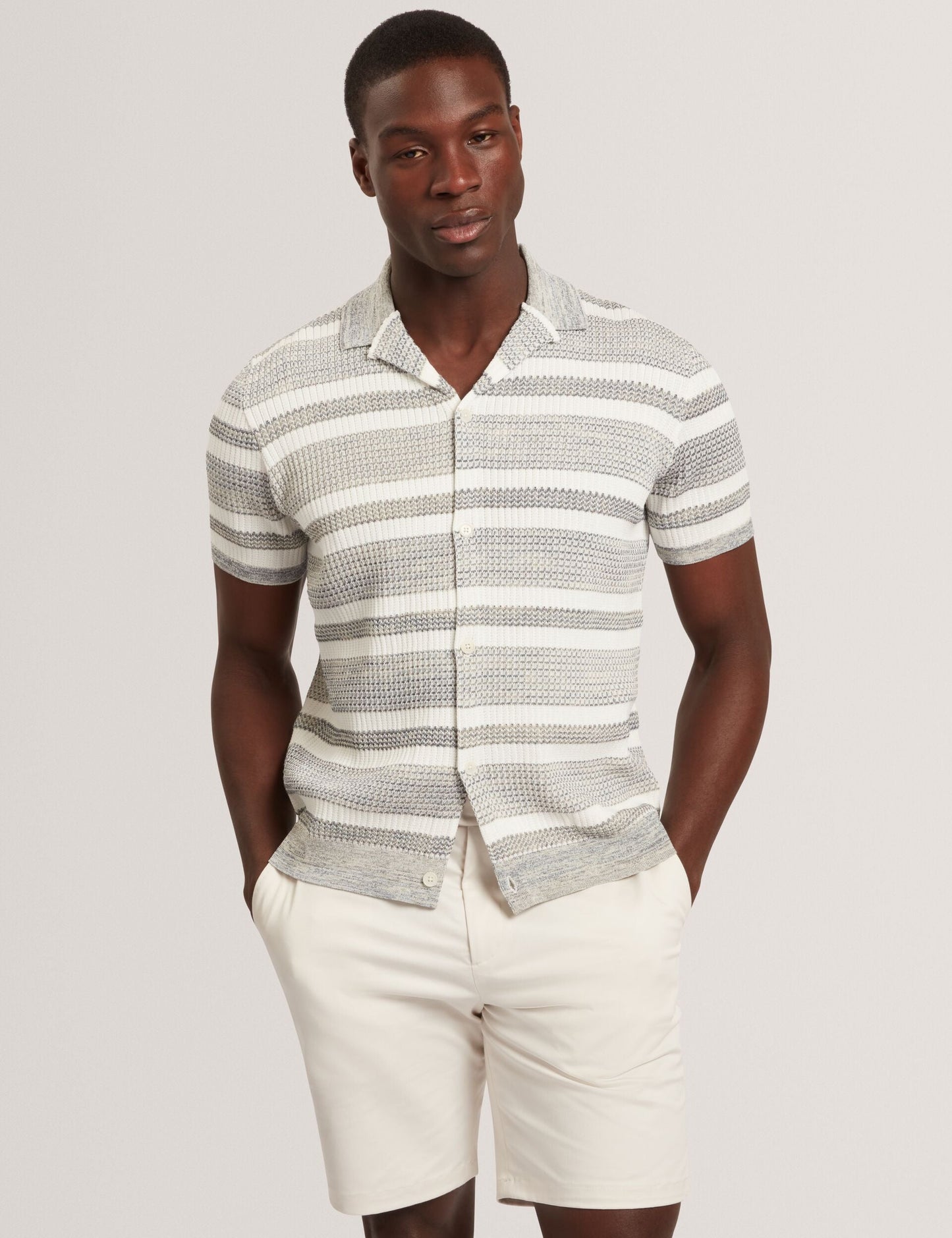Ted Baker FLACKS Striped Knit Relaxed Short Sleeve Shirt WHITE