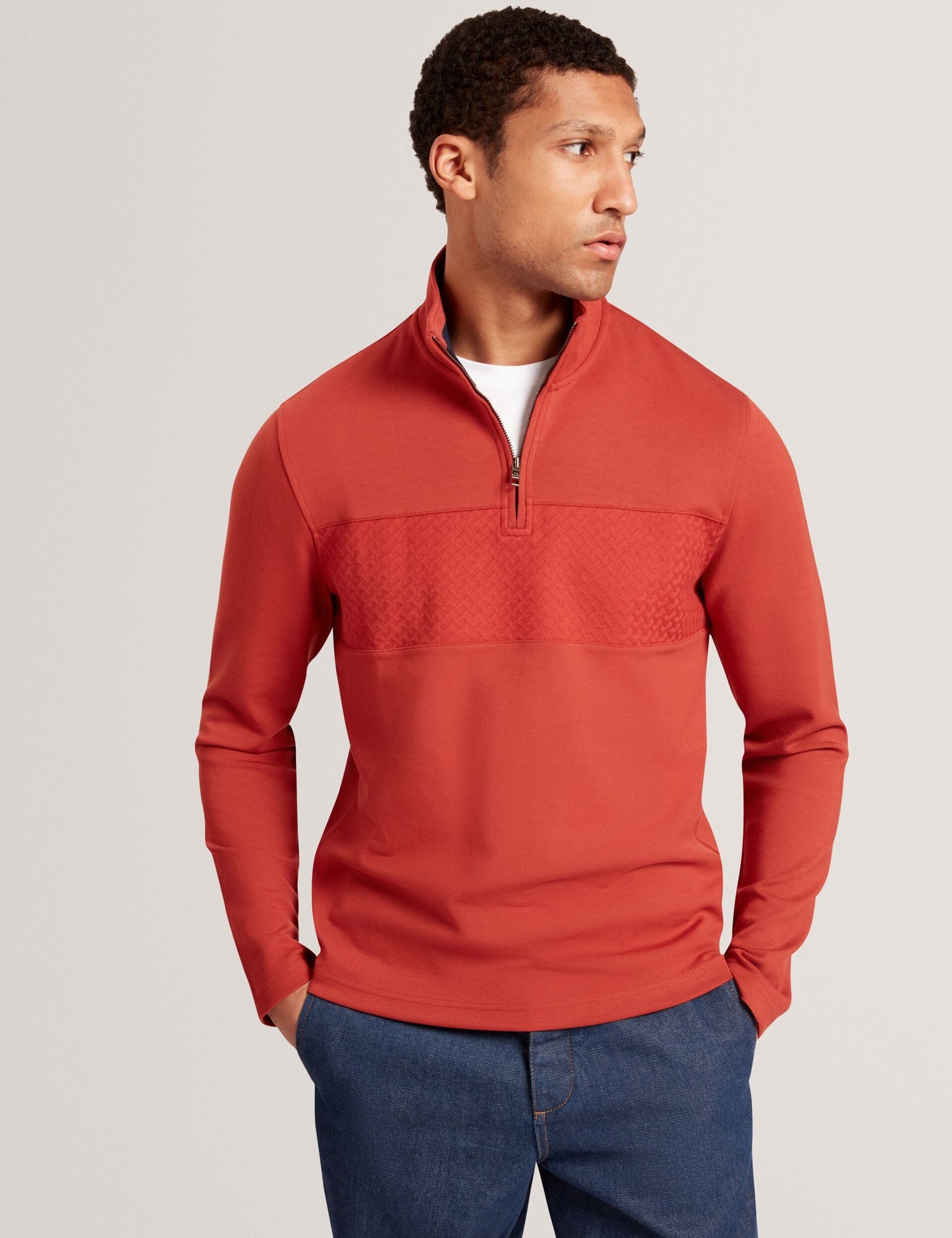 Ted Baker SIMONEA - Textured Panel Half-Zip Modal Sweatshirt DARK ORANGE
