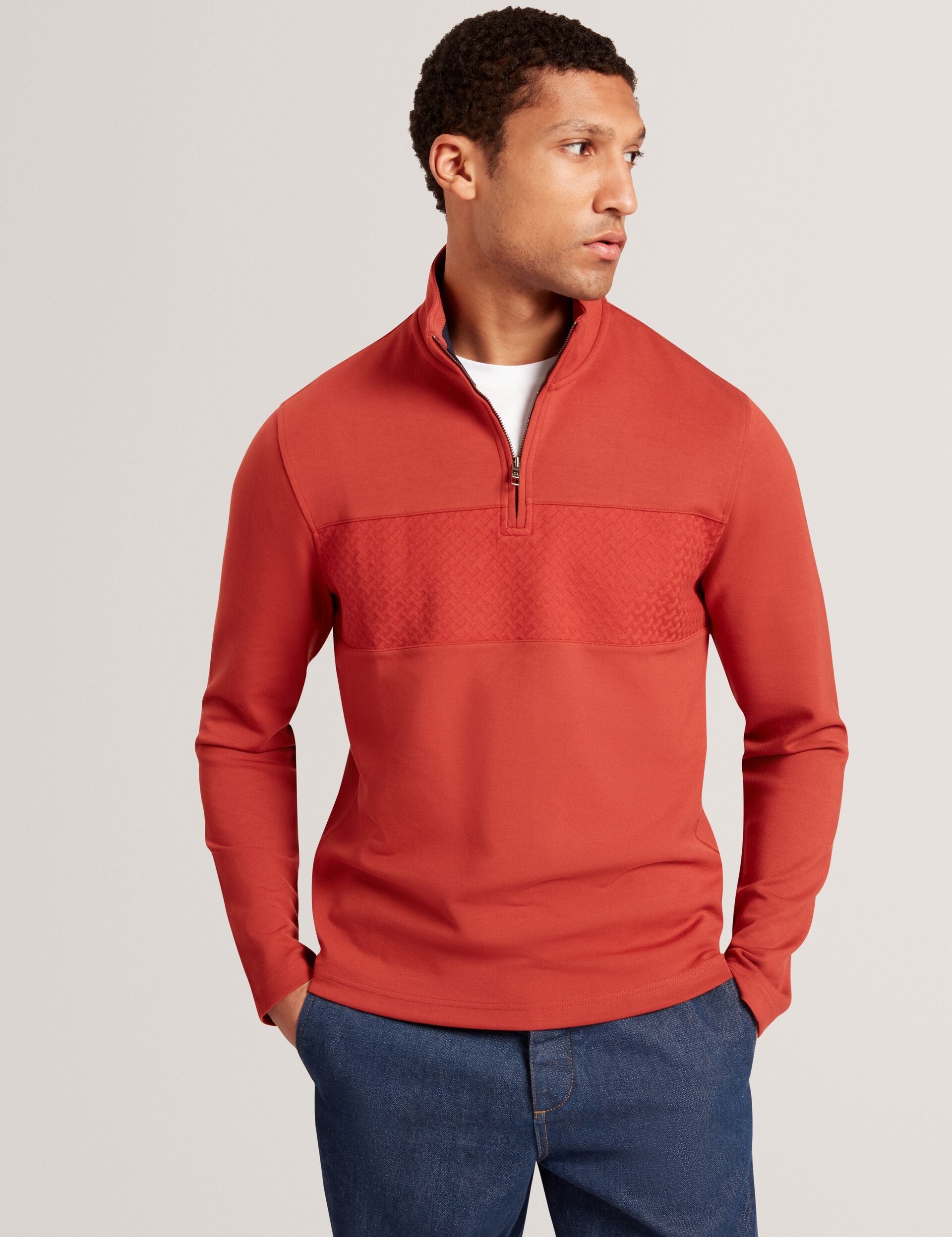 Ted Baker SIMONEA - Textured Panel Half-Zip Modal Sweatshirt DARK ORANGE