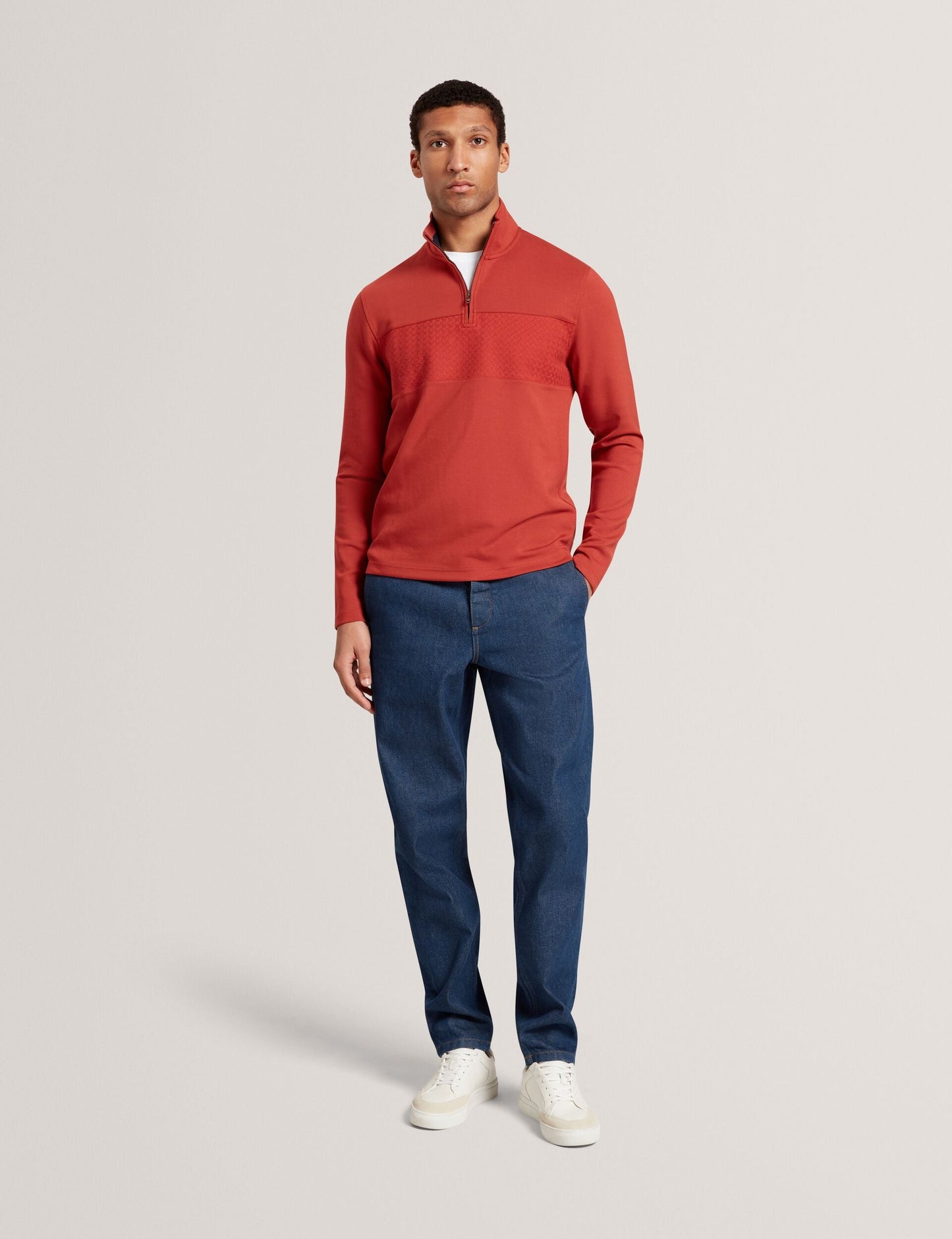 Ted Baker SIMONEA - Textured Panel Half-Zip Modal Sweatshirt DARK ORANGE
