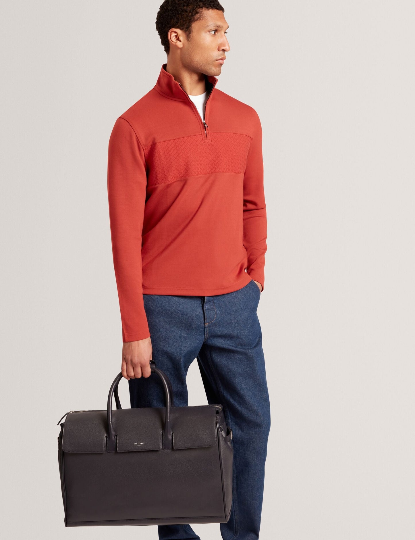 Ted Baker SIMONEA - Textured Panel Half-Zip Modal Sweatshirt DARK ORANGE