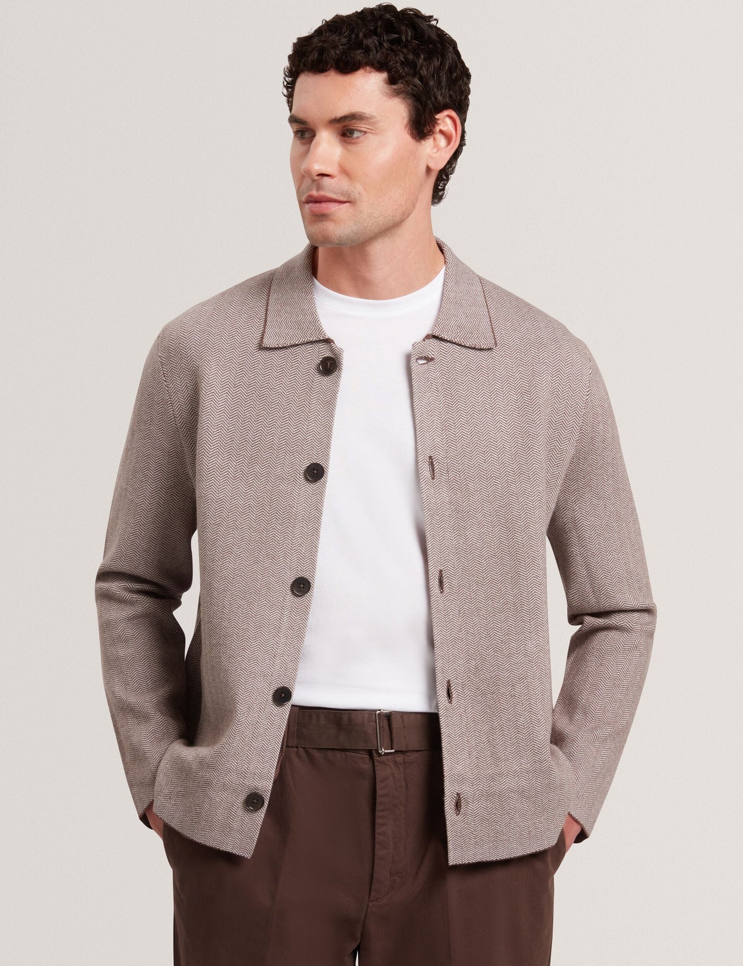 Ted Baker THIMON - Herringbone Knit Button-Up Jacket DARK BROWN
